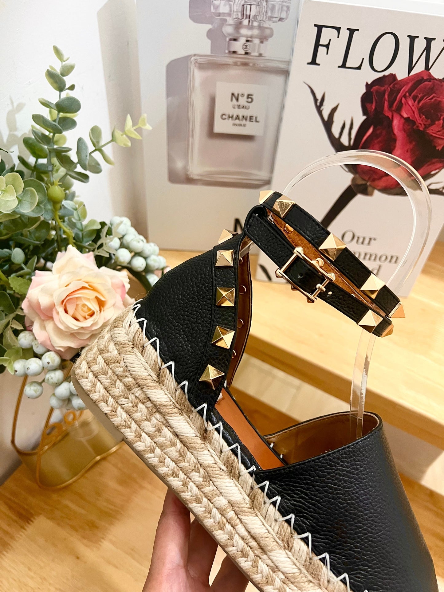 BLACK LEATHER ROCKSTUD ESPADRILLES ANKLE STRAP FLATS - 36