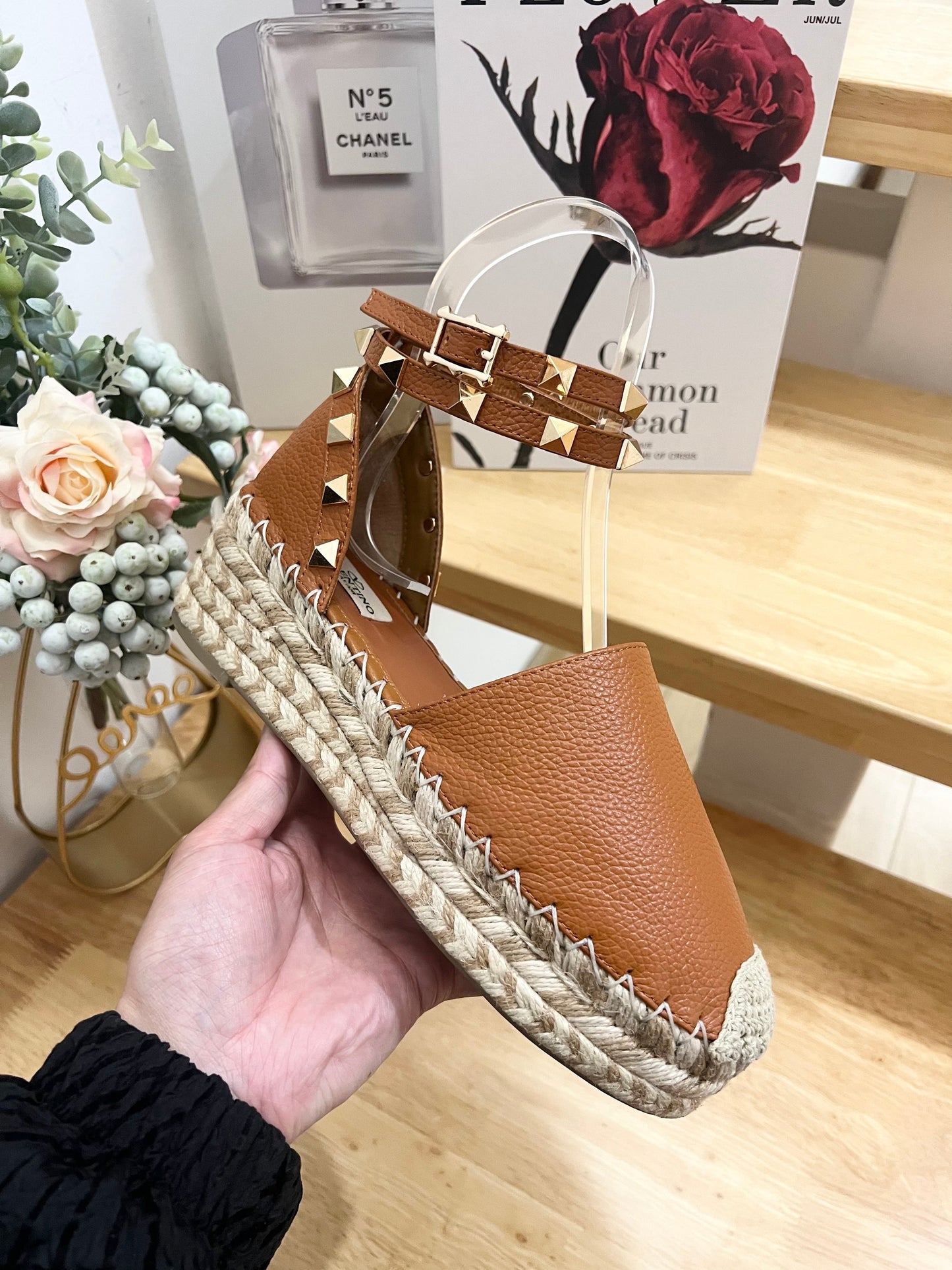 BRONZE BROWN LEATHER ROCKSTUD ESPADRILLES ANKLE STRAP FLATS - 36