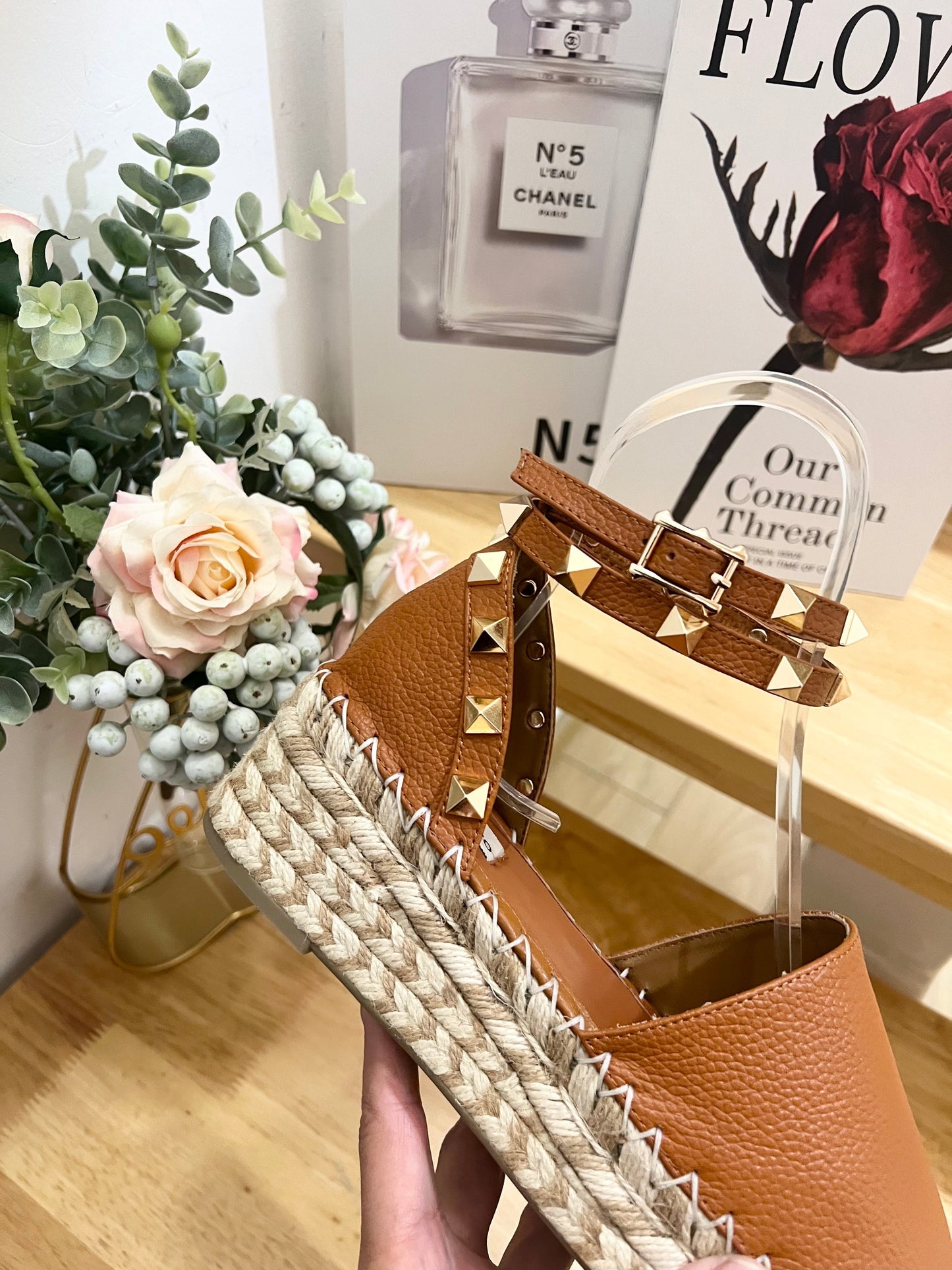 BRONZE BROWN LEATHER ROCKSTUD ESPADRILLES ANKLE STRAP FLATS - 36