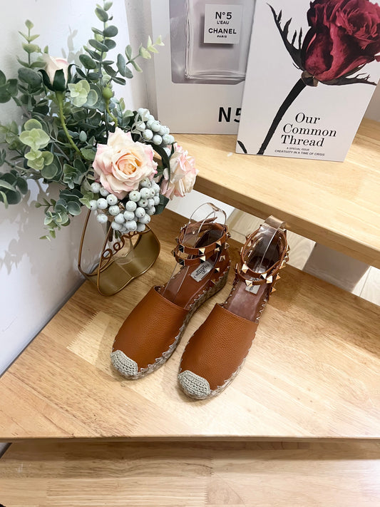 BRONZE BROWN LEATHER ROCKSTUD ESPADRILLES ANKLE STRAP FLATS - 36