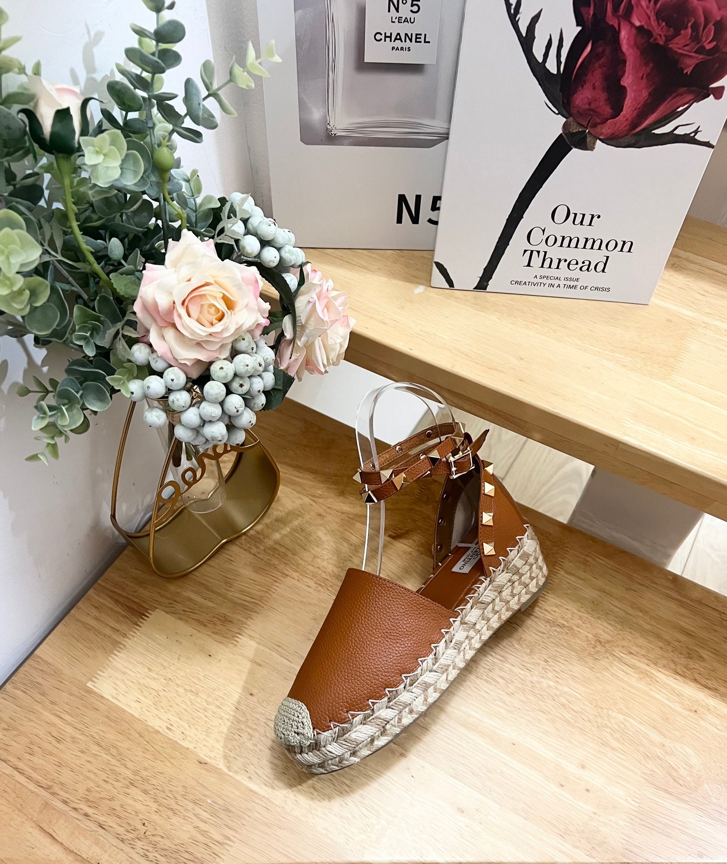 BRONZE BROWN LEATHER ROCKSTUD ESPADRILLES ANKLE STRAP FLATS - 36
