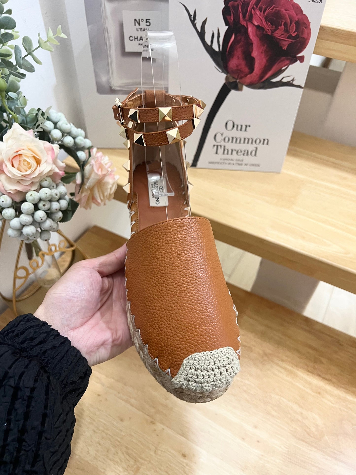 BRONZE BROWN LEATHER ROCKSTUD ESPADRILLES ANKLE STRAP FLATS - 36