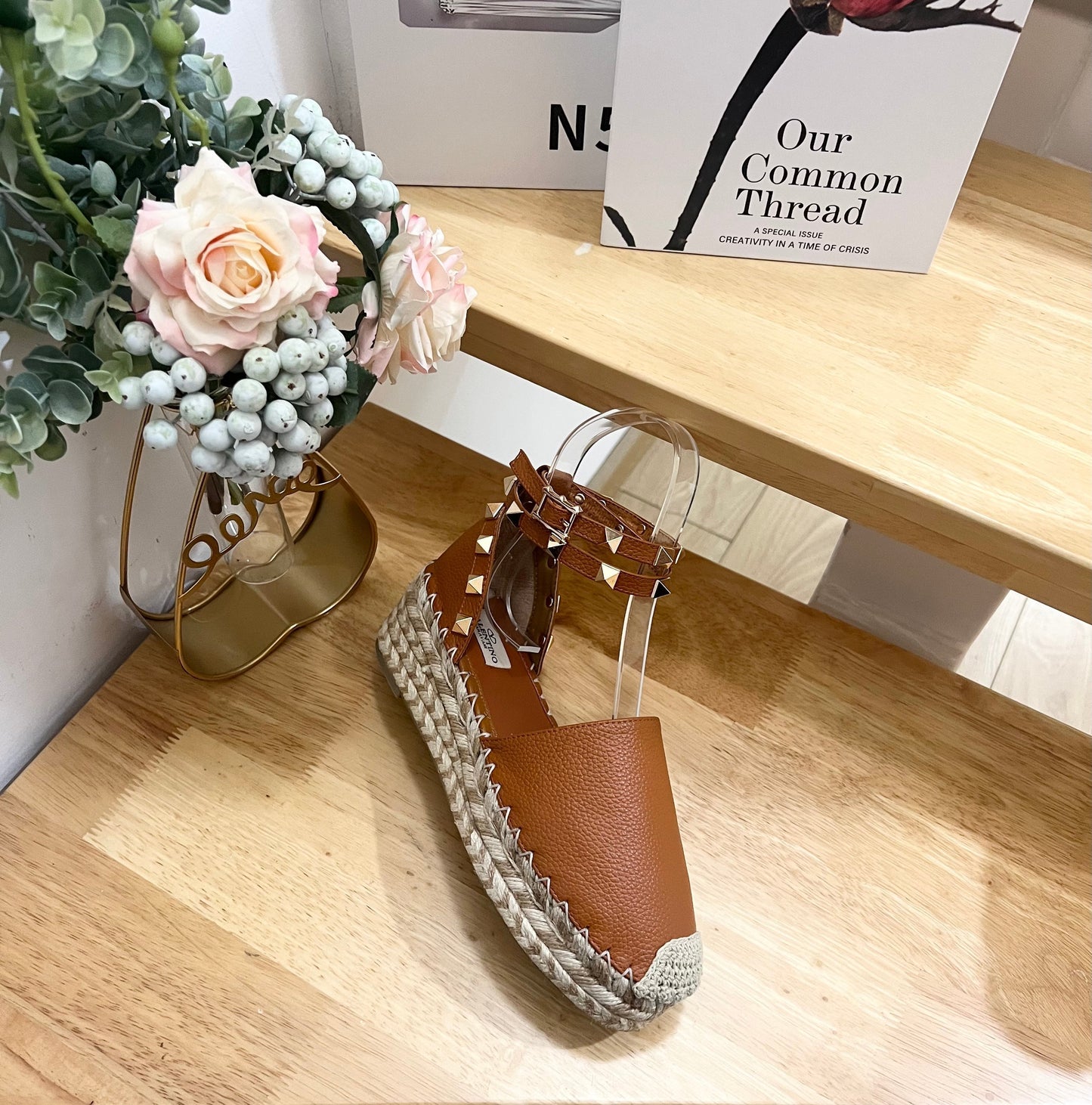 BRONZE BROWN LEATHER ROCKSTUD ESPADRILLES ANKLE STRAP FLATS - 36