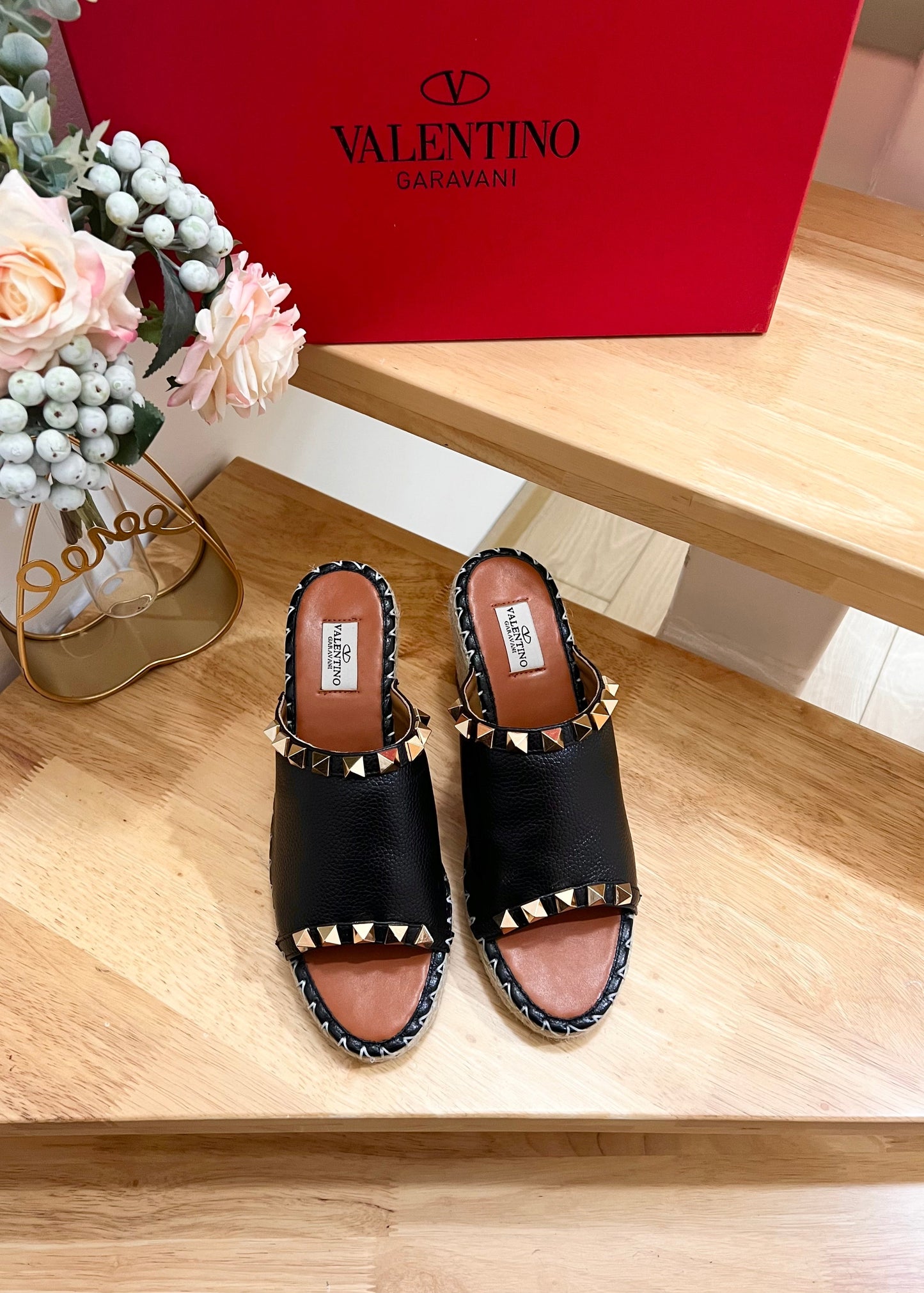LACE-UP WEDGE SANDALS IN BLACK CALFSKIN WITH STUDS - 36