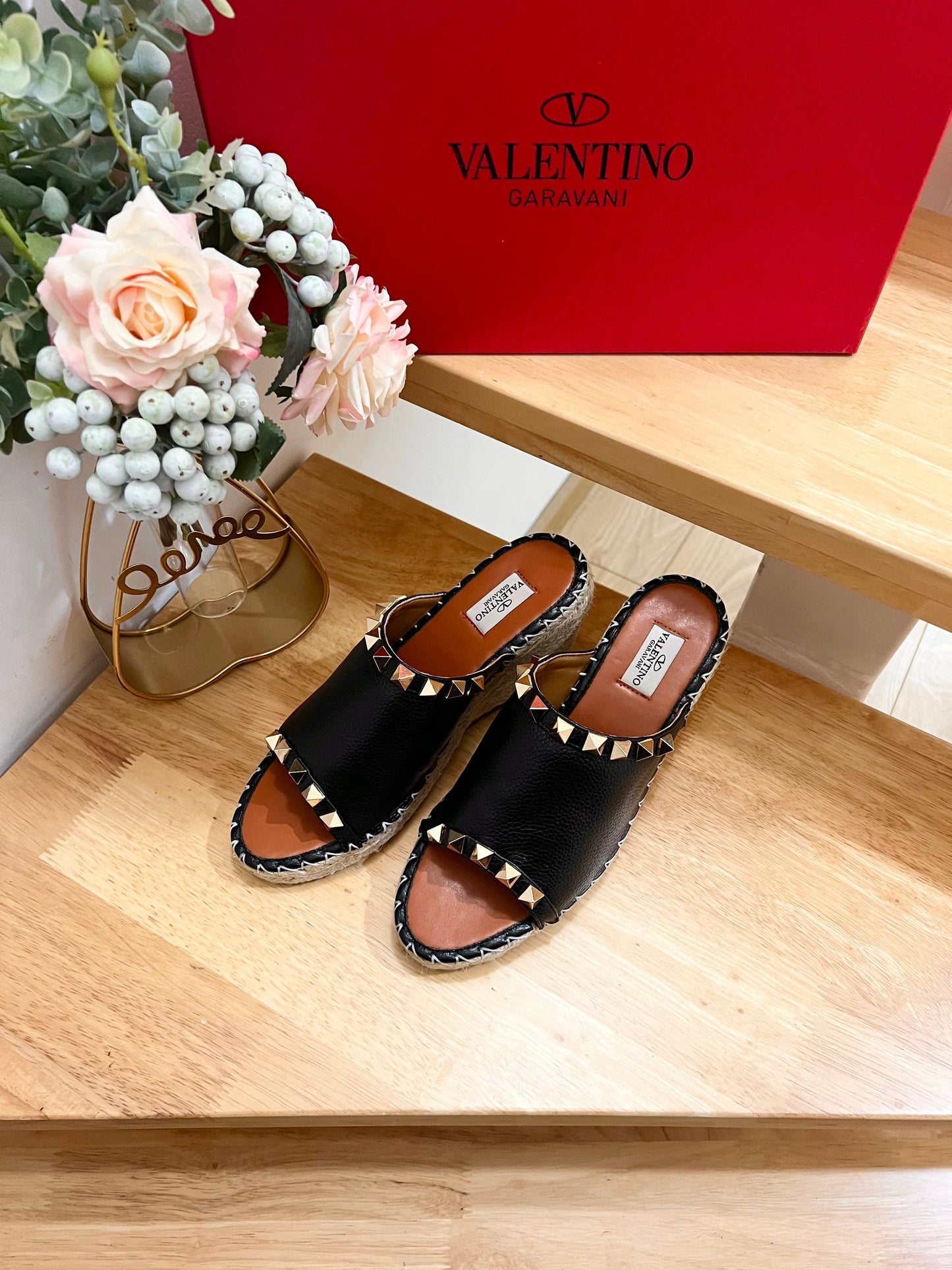 LACE-UP WEDGE SANDALS IN BLACK CALFSKIN WITH STUDS - 36