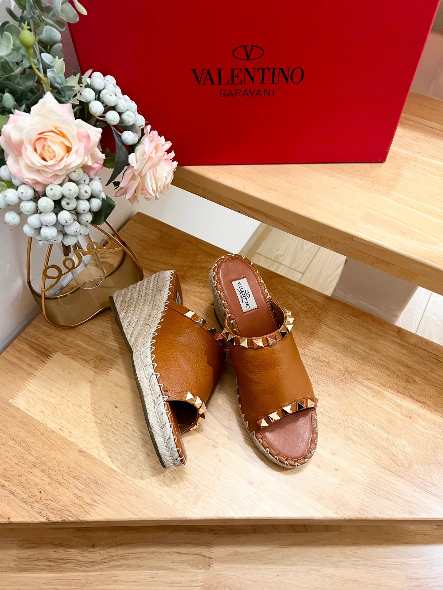 LACE-UP WEDGE SANDALS IN BRONZE BROWN CALFSKIN WITH STUDS - 36