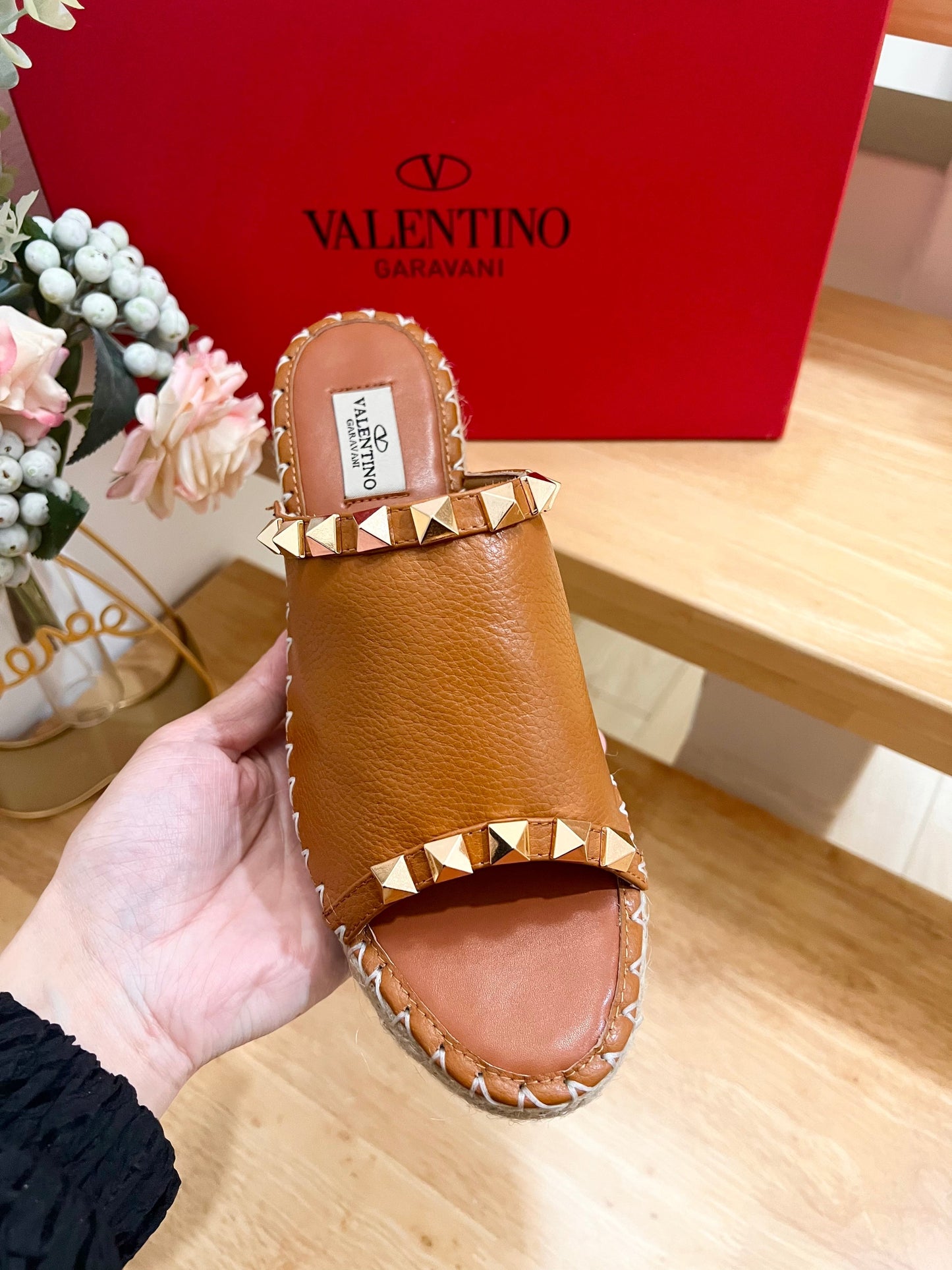 LACE-UP WEDGE SANDALS IN BRONZE BROWN CALFSKIN WITH STUDS - 36