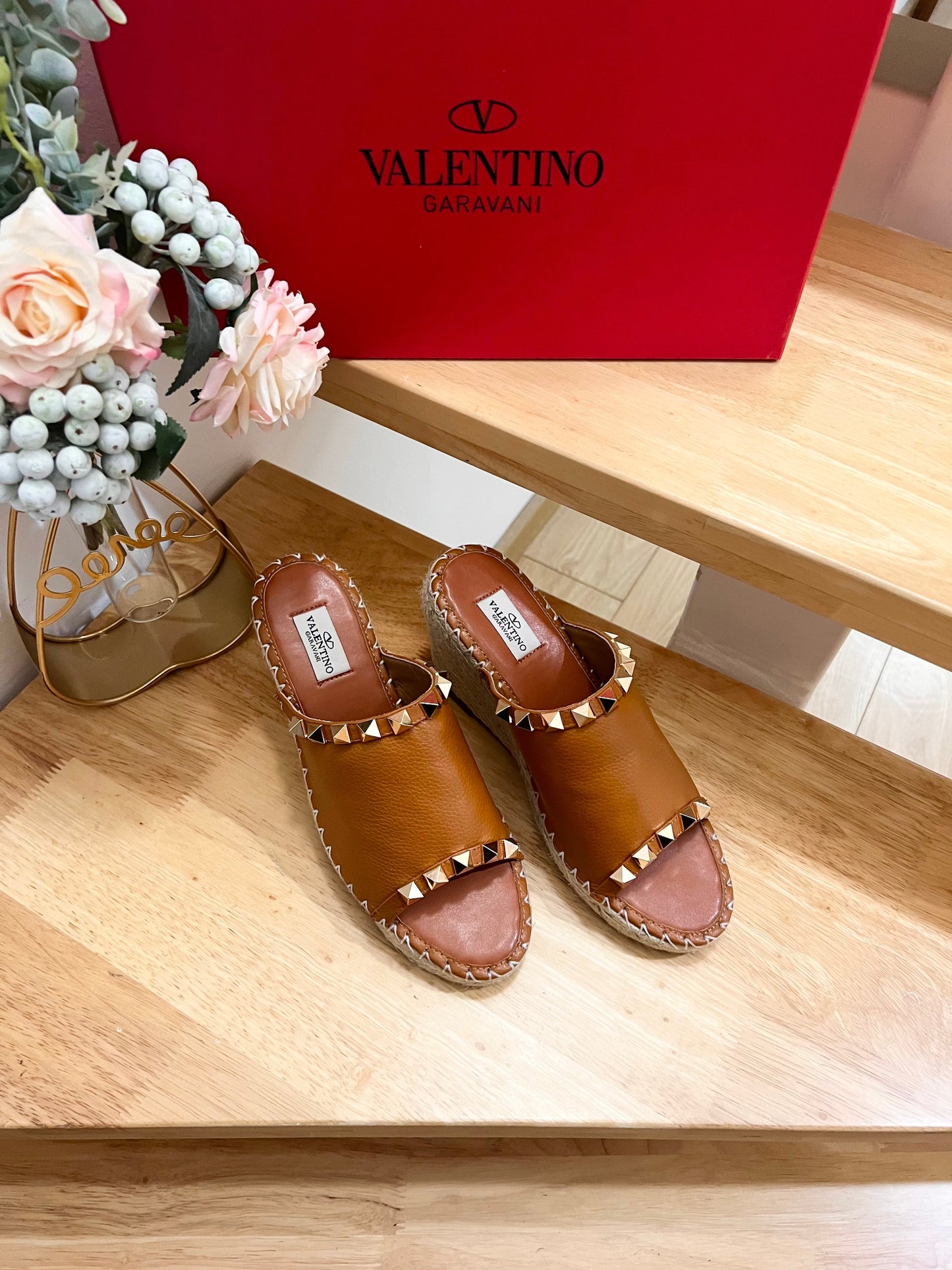 LACE-UP WEDGE SANDALS IN BRONZE BROWN CALFSKIN WITH STUDS - 36