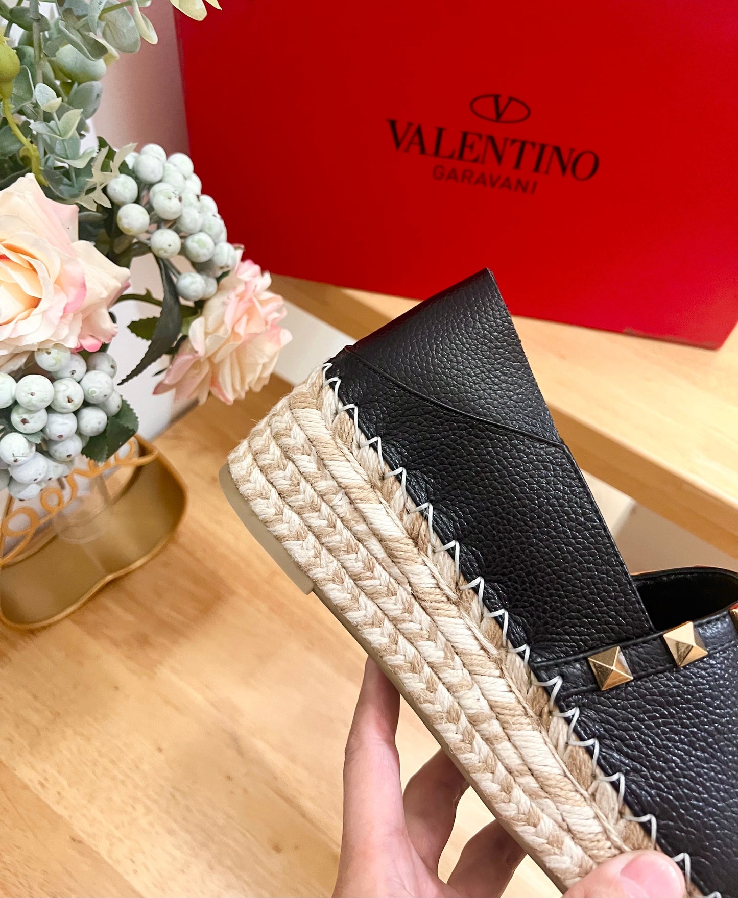 FLAT ESPADRILLE IN BLACK CALFSKIN 2 CM WITH STUDS - 36