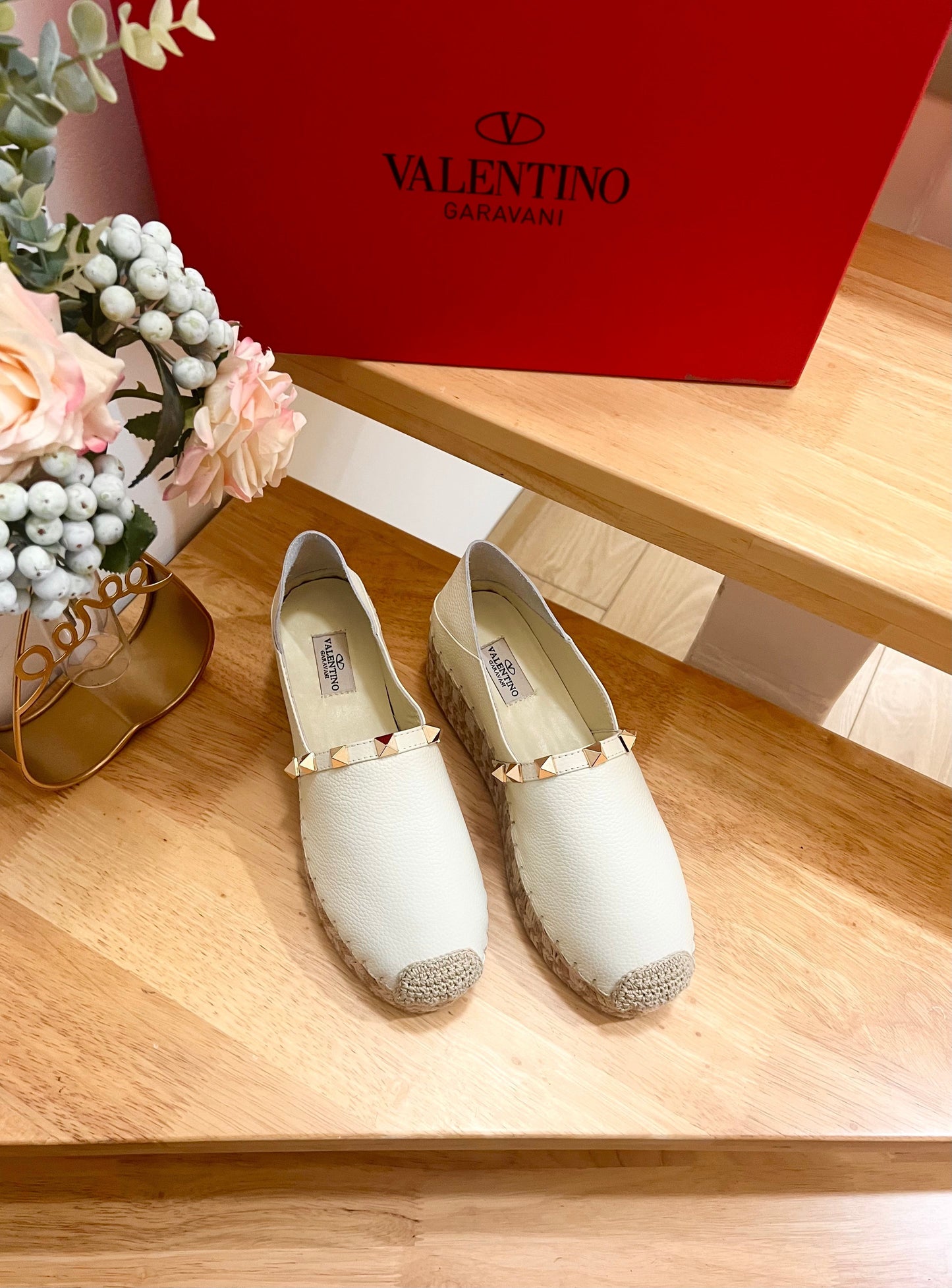 FLAT ESPADRILLE IN WHITE CALFSKIN 2 CM WITH STUDS - 36