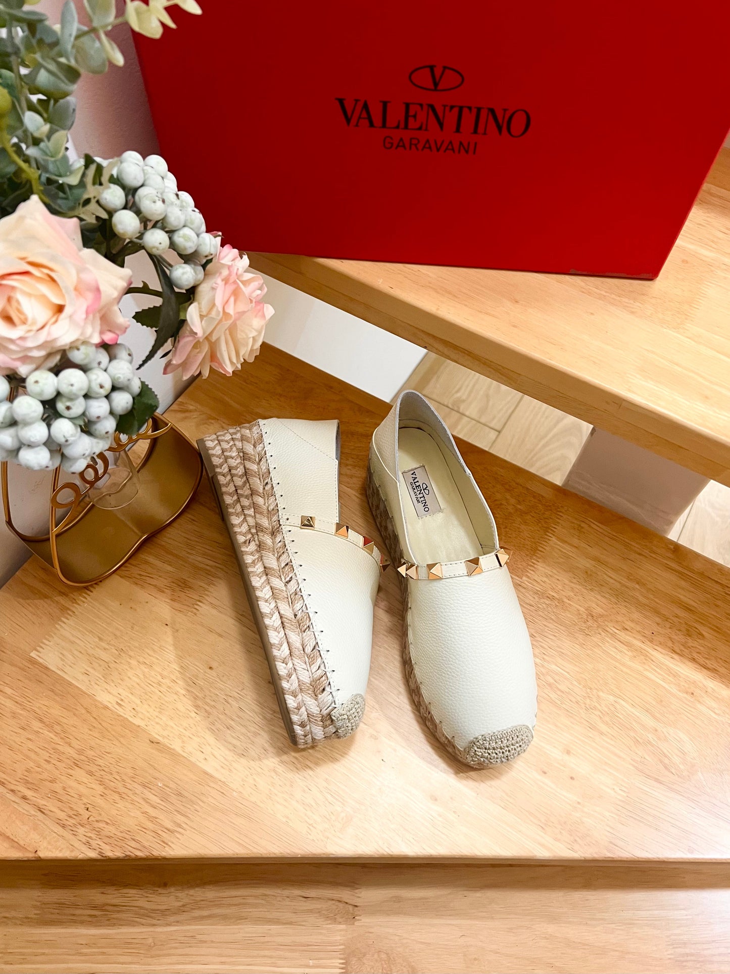 FLAT ESPADRILLE IN WHITE CALFSKIN 2 CM WITH STUDS - 36