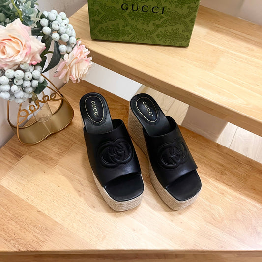 HIGH 10CM WEDGE SANDALS IN BLACK SHEEPSKIN - 36