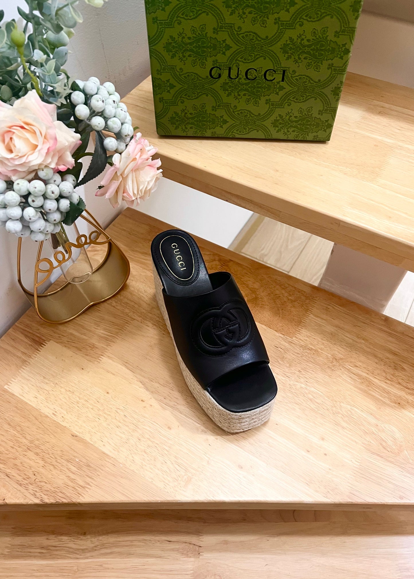 HIGH 10CM WEDGE SANDALS IN BLACK SHEEPSKIN - 36