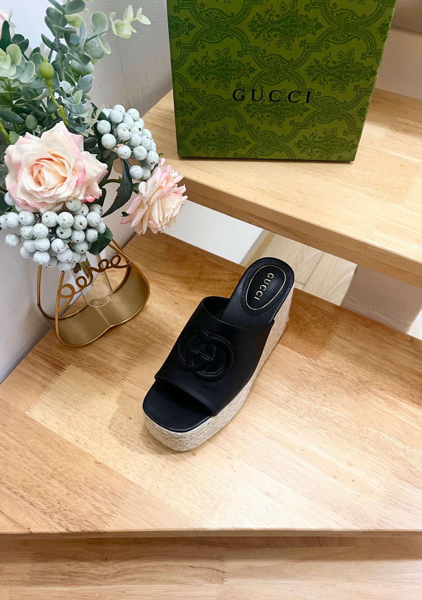 HIGH 10CM WEDGE SANDALS IN BLACK SHEEPSKIN - 36