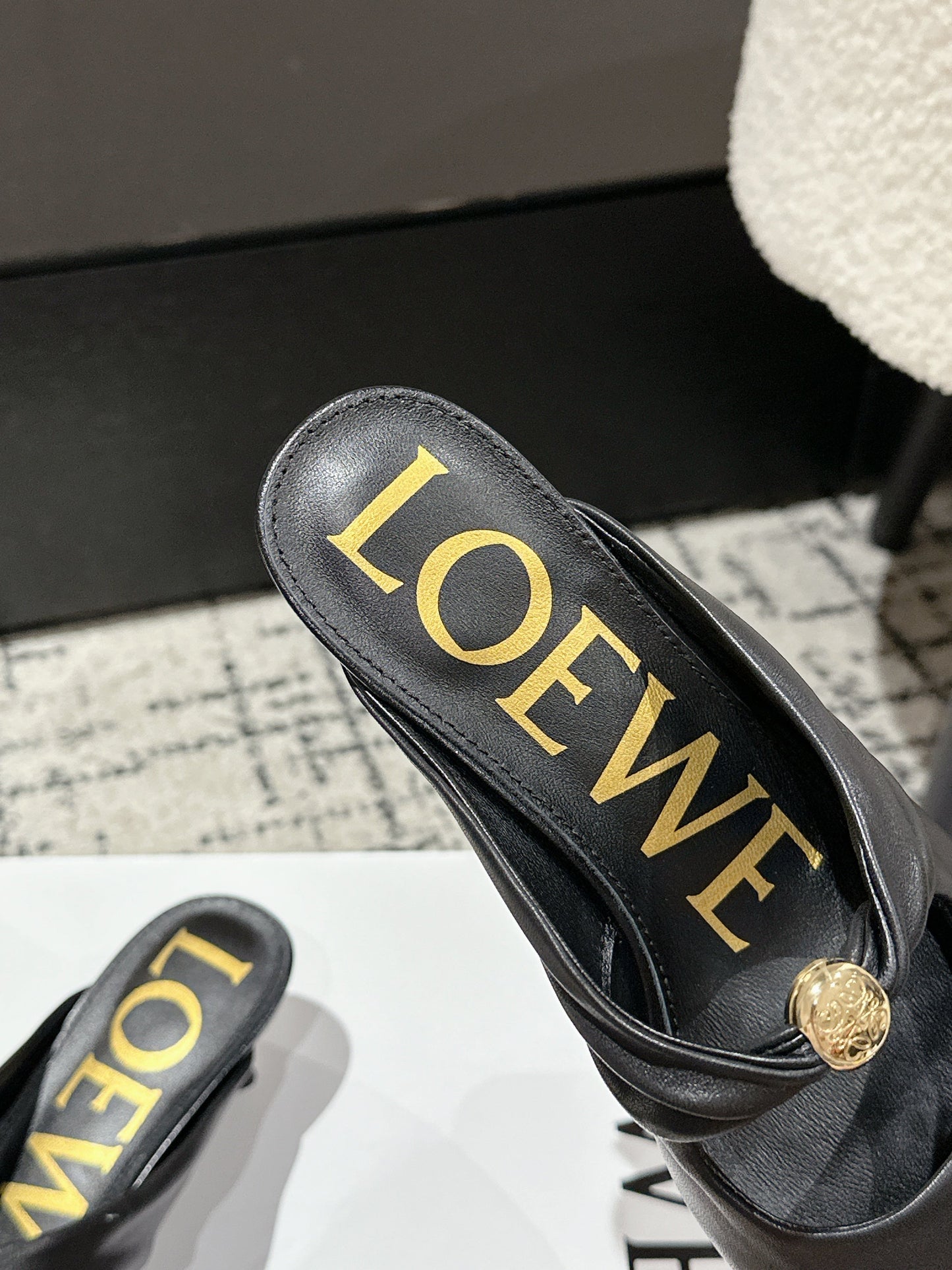 LOEWE 26S HIGH-HEELED MULES IN BLACK CALFSKIN