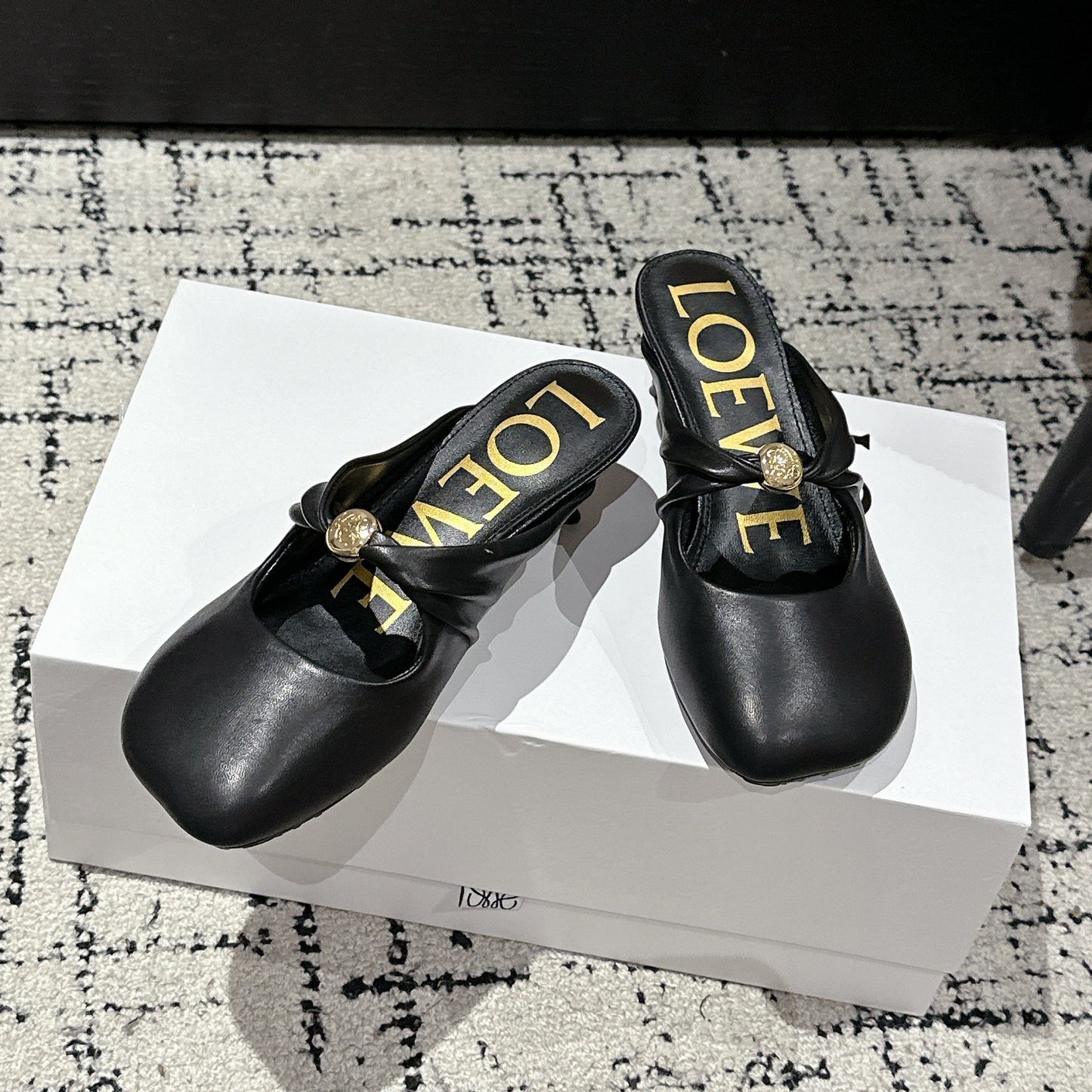 LOEWE 26S HIGH-HEELED MULES IN BLACK CALFSKIN
