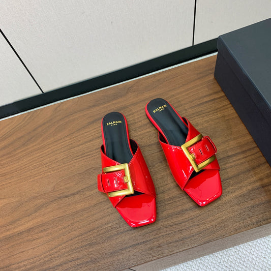 BALMAIN 26S B-BELT ПЛОСКІ САНДАЛІ З ЧЕРВОНОЇ ТЕЛЯЧОЇ ШКІРИ
