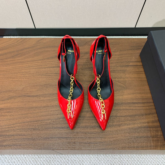 BALMAIN 26S CHAIN HIGH HEELS 95 MM IN RED PATENT CALFSKIN
