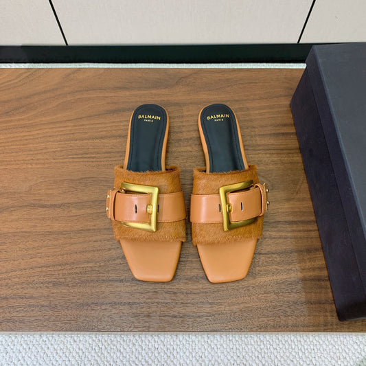 BALMAIN 26S ПЛОСКІ САНДАЛІ B-BELT ЗІ СВІТЛО-КОРИЧНЕВОЇ ТЕЛЯЧОЇ ШКІРИ ТА ВОЛОССЯ ПОНІ