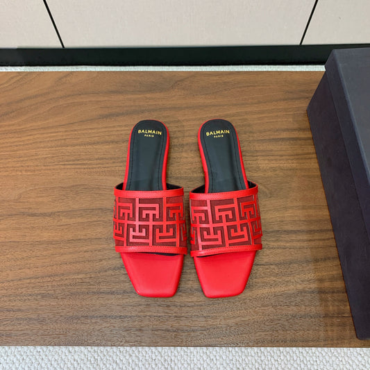 BALMAIN 26S ПЛОСКІ САНДАЛІ З ЧЕРВОНОЇ ТЕЛЯЧОЇ ШКІРИ ТА СІТКИ
