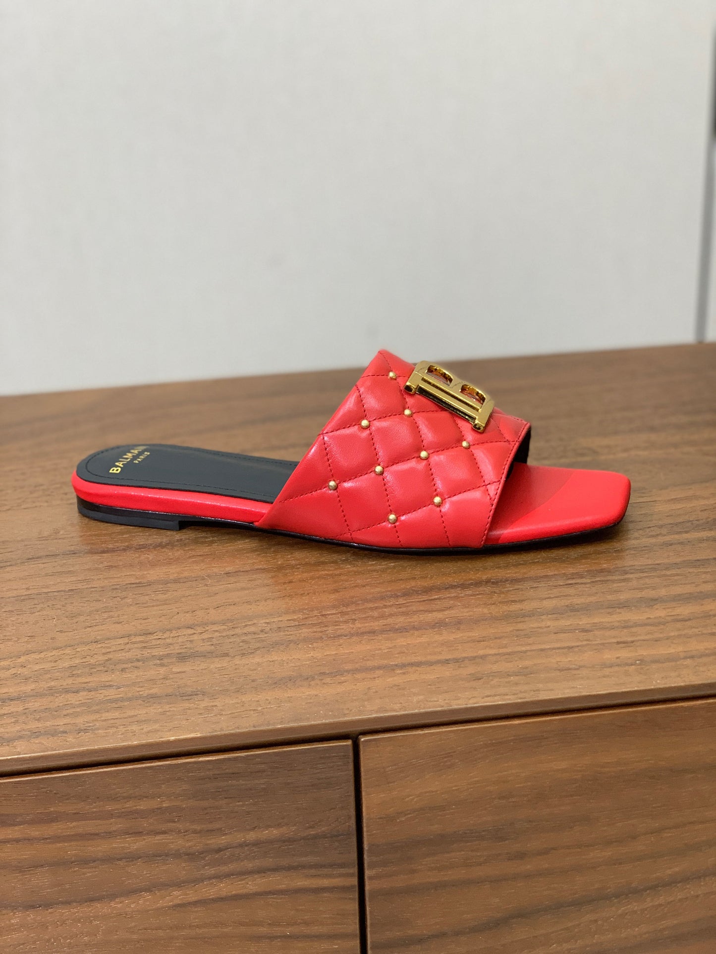 BALMAIN 26S QUILTED MULES IN RED CALFSKIN