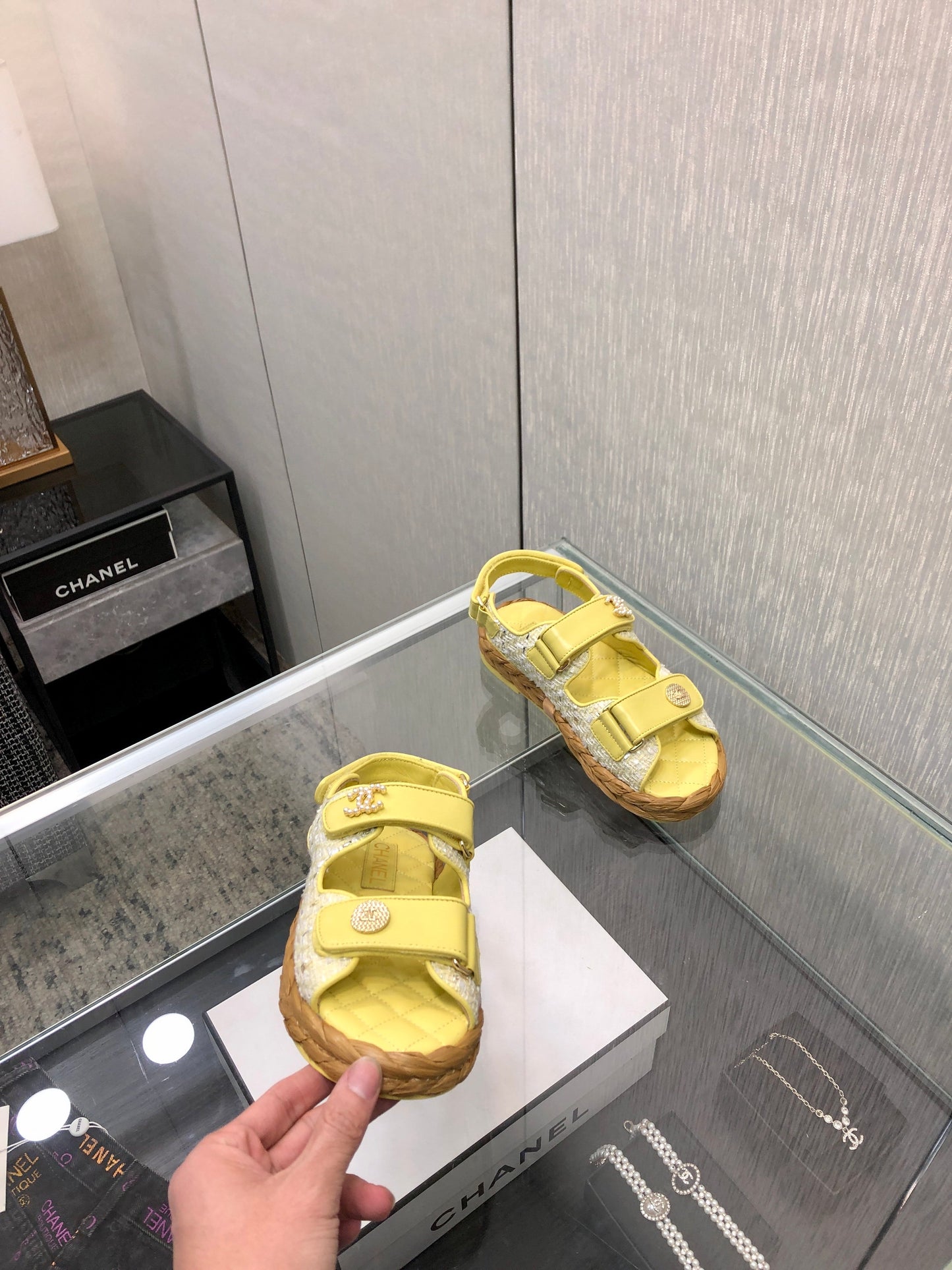 VELCRO SANDALS IN LIGHT YELLOW LAMBSKIN AND TWEED FABRIC - 35