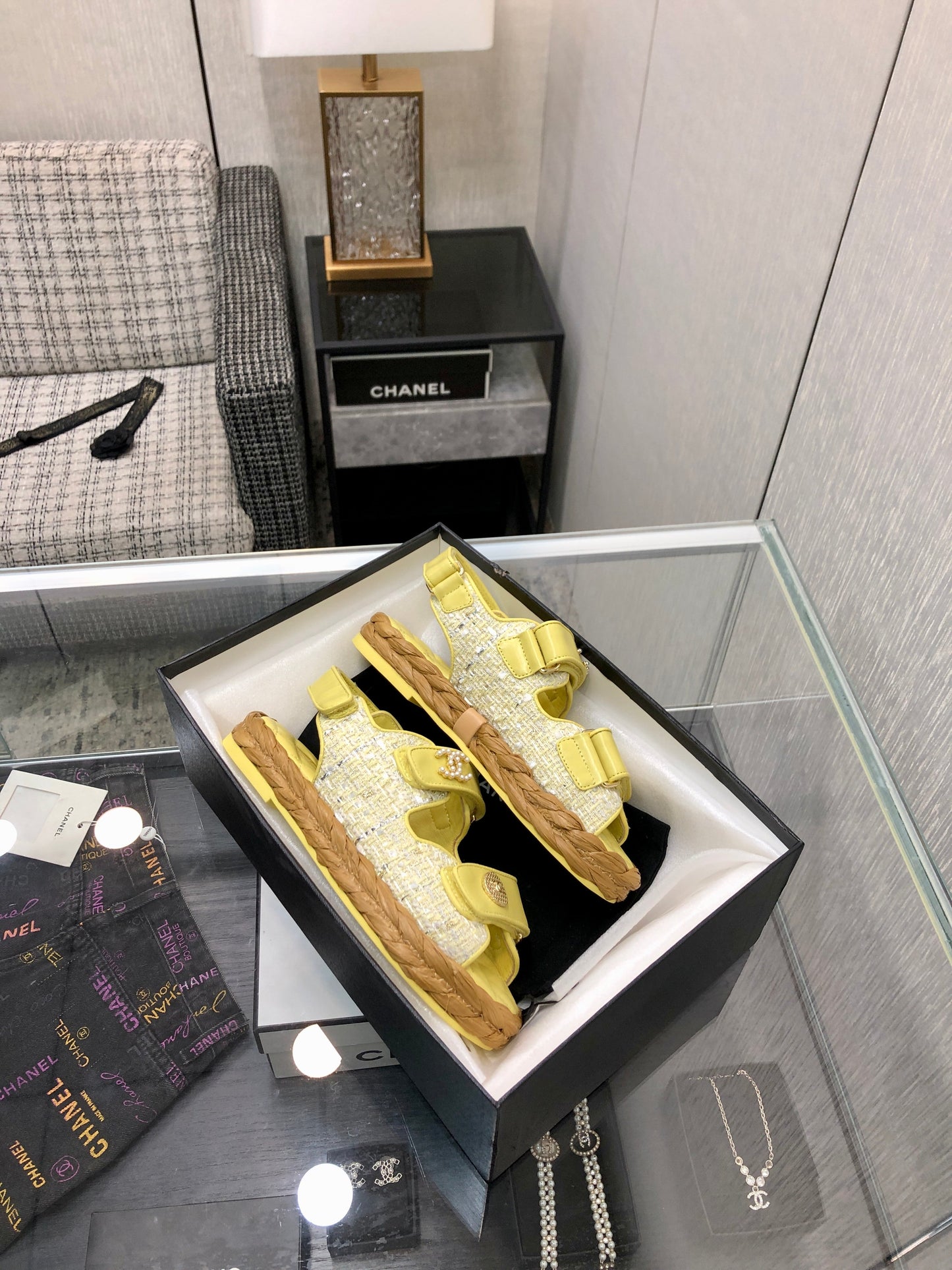 VELCRO SANDALS IN LIGHT YELLOW LAMBSKIN AND TWEED FABRIC - 35