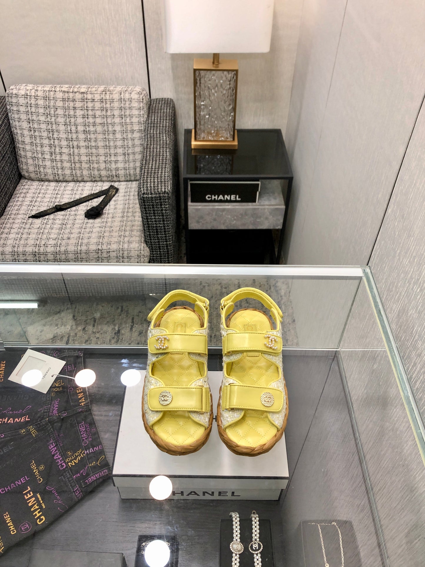 VELCRO SANDALS IN LIGHT YELLOW LAMBSKIN AND TWEED FABRIC - 35