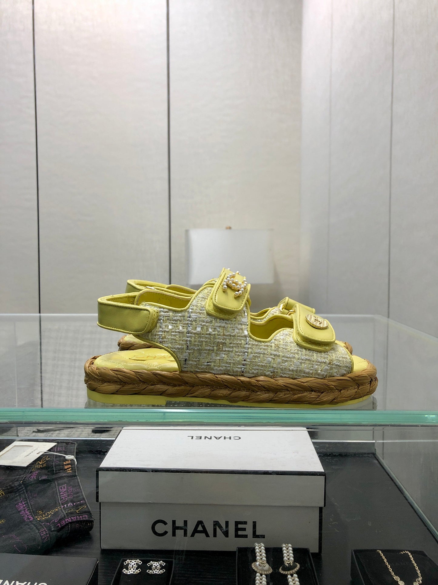 VELCRO SANDALS IN LIGHT YELLOW LAMBSKIN AND TWEED FABRIC - 35