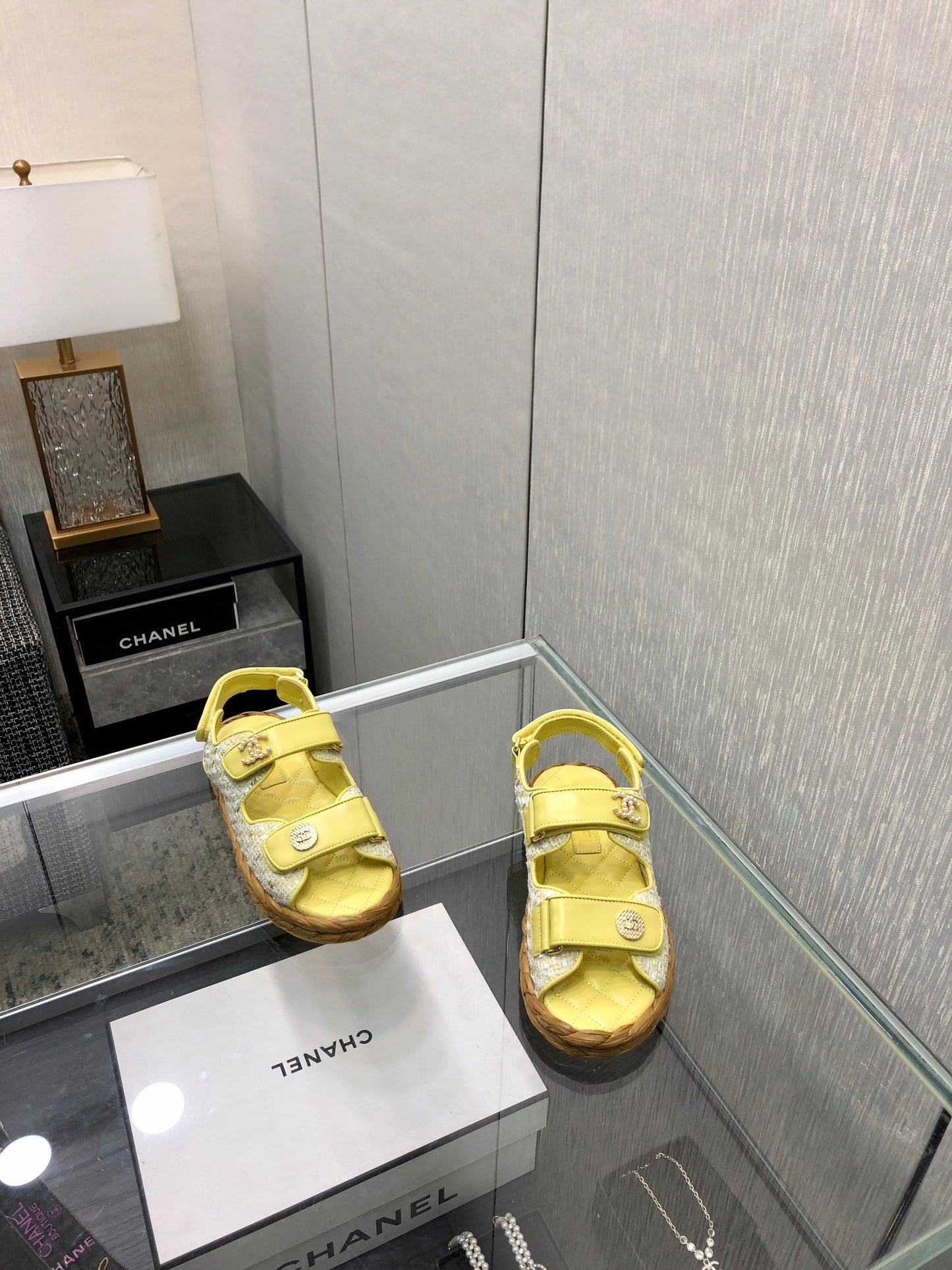 VELCRO SANDALS IN LIGHT YELLOW LAMBSKIN AND TWEED FABRIC - 35