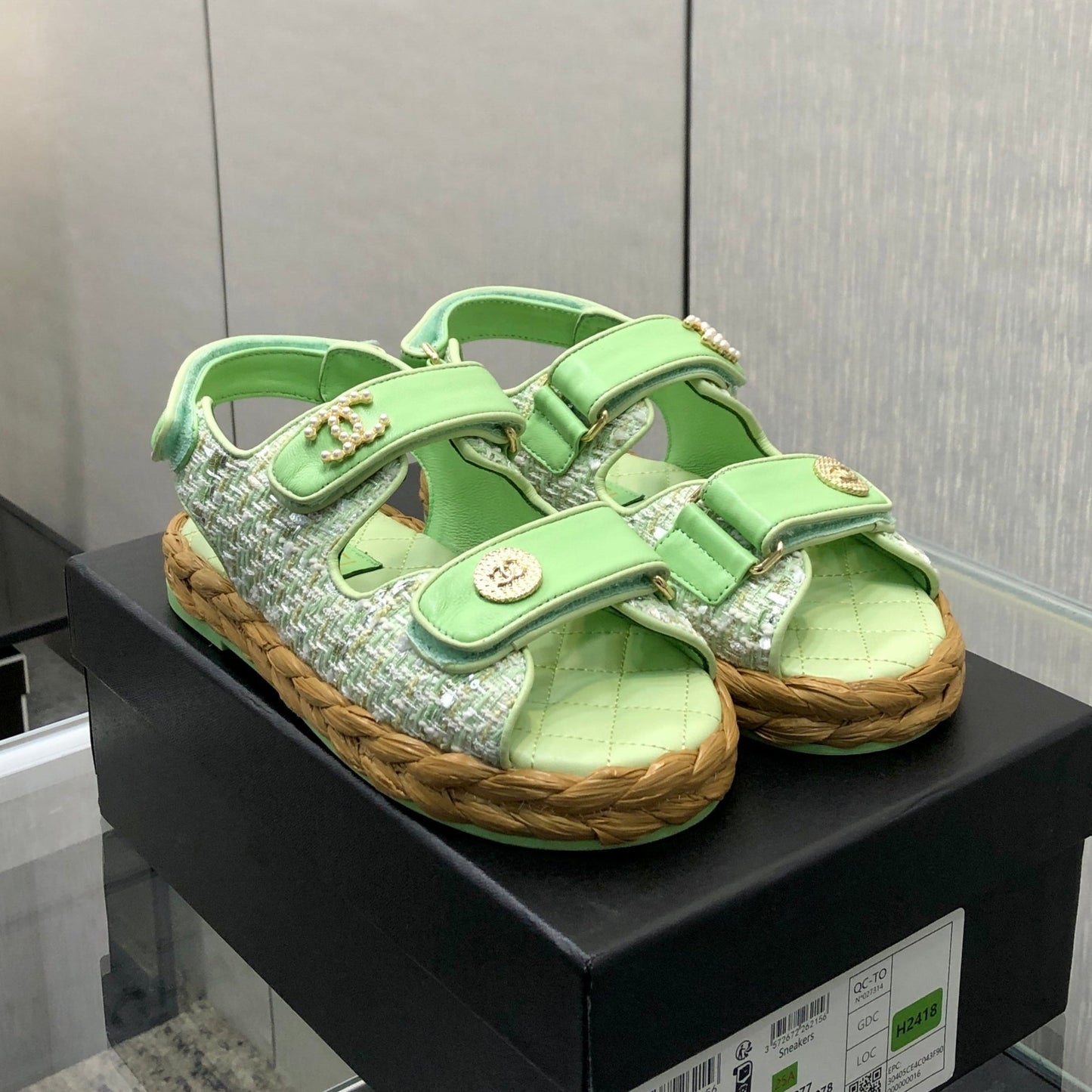 VELCRO SANDALS IN GREEN PASTEL LAMBSKIN AND TWEED FABRIC - 35
