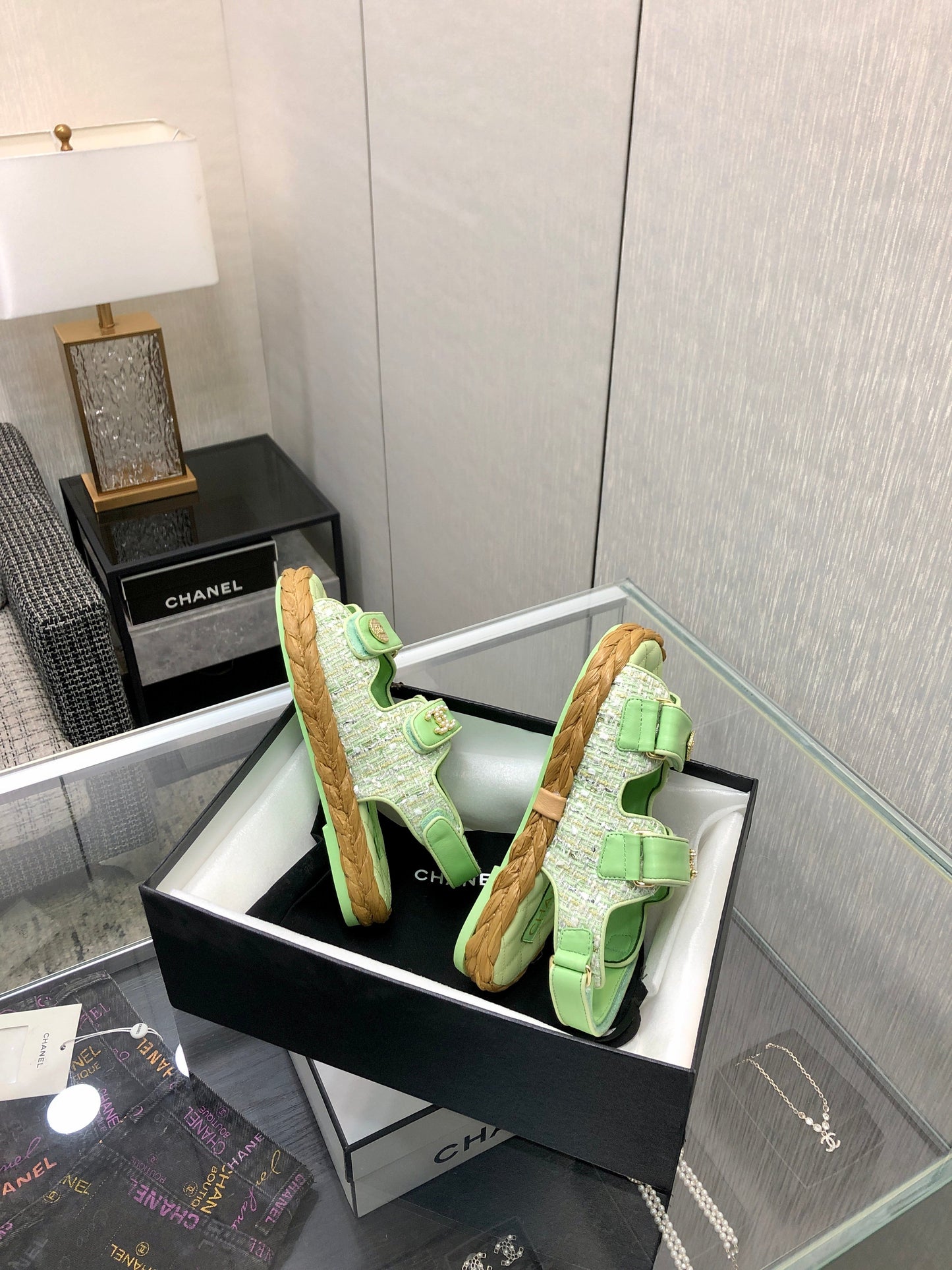 VELCRO SANDALS IN GREEN PASTEL LAMBSKIN AND TWEED FABRIC - 35