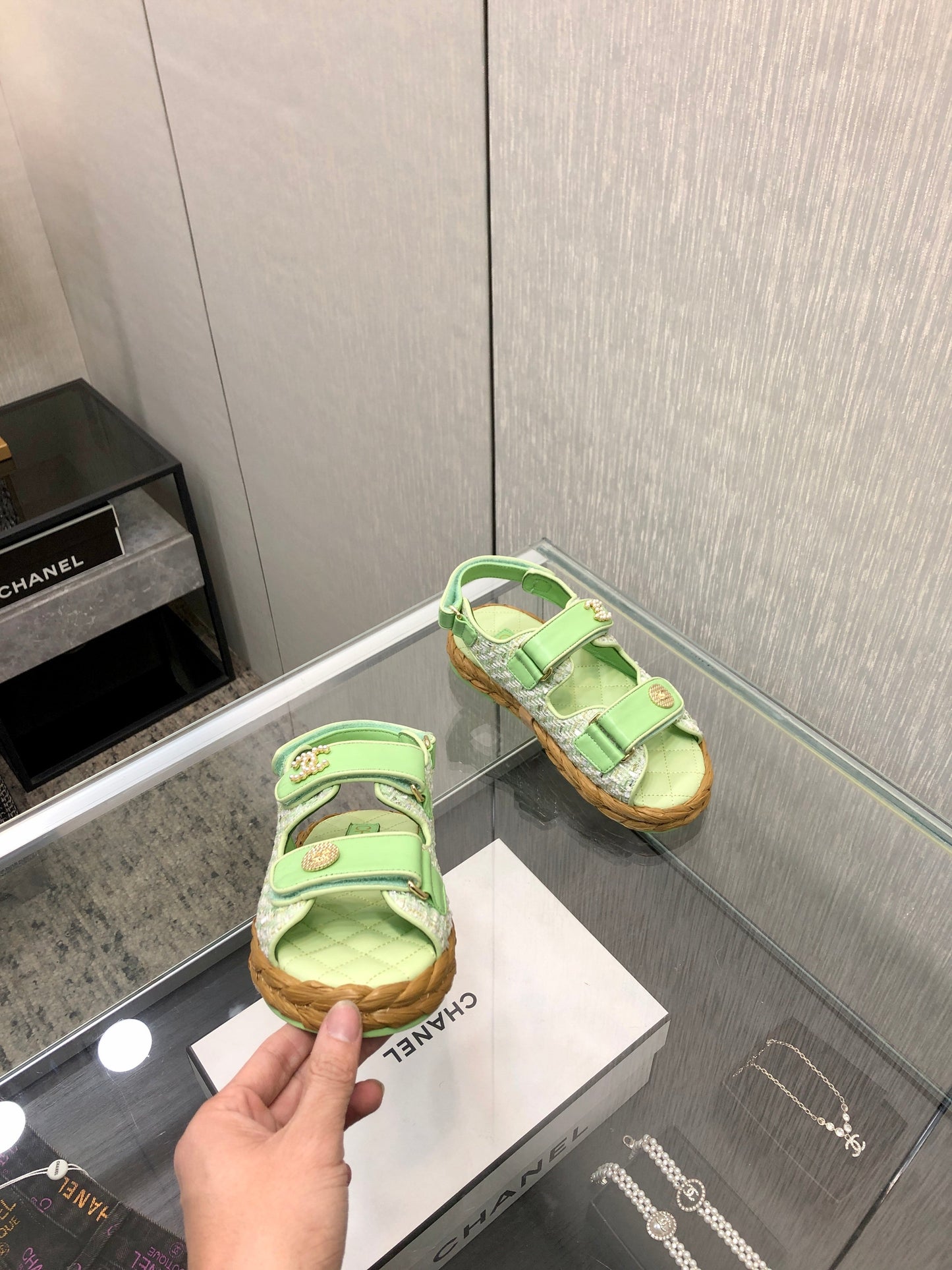 VELCRO SANDALS IN GREEN PASTEL LAMBSKIN AND TWEED FABRIC - 35