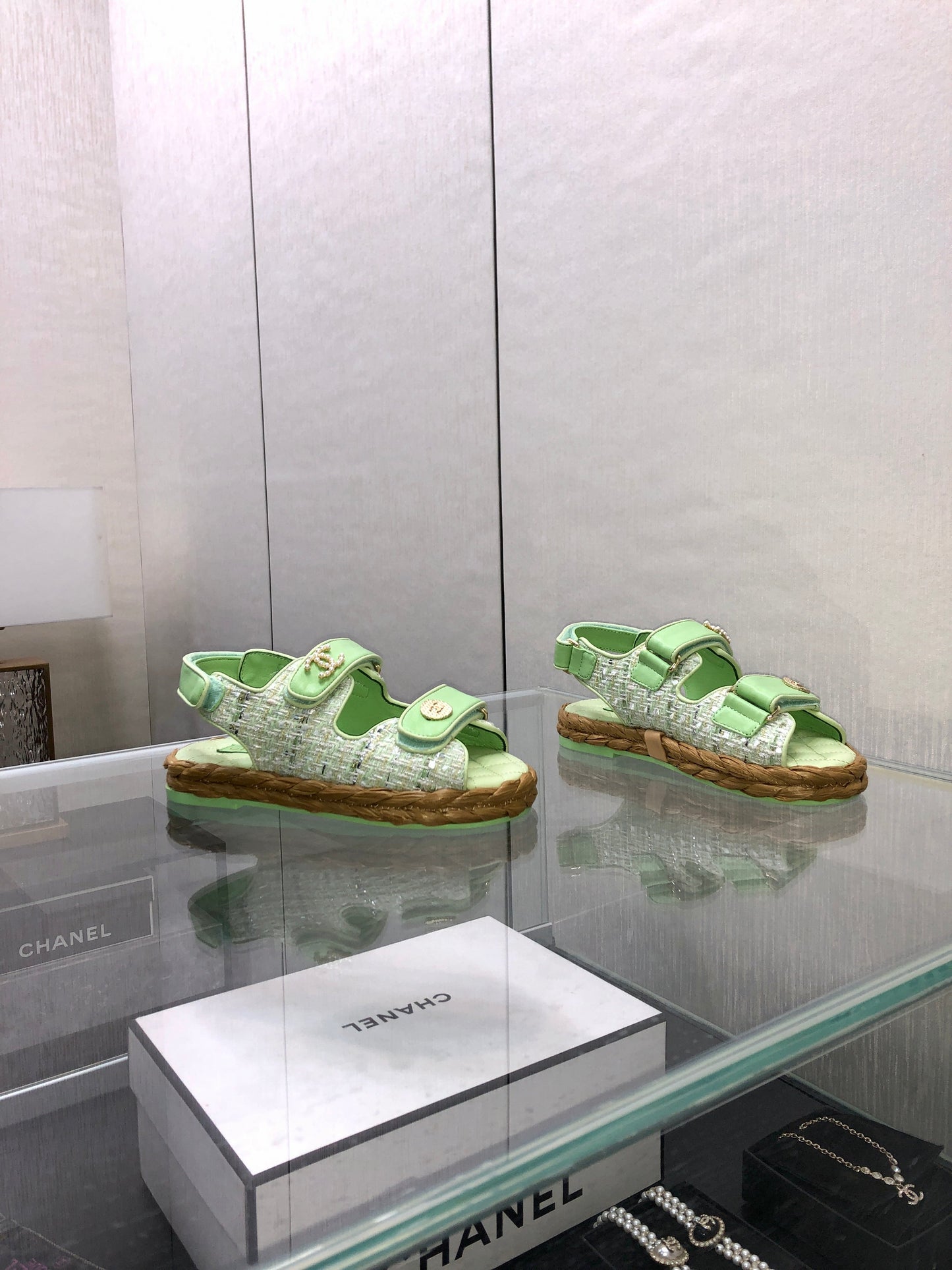 VELCRO SANDALS IN GREEN PASTEL LAMBSKIN AND TWEED FABRIC - 35