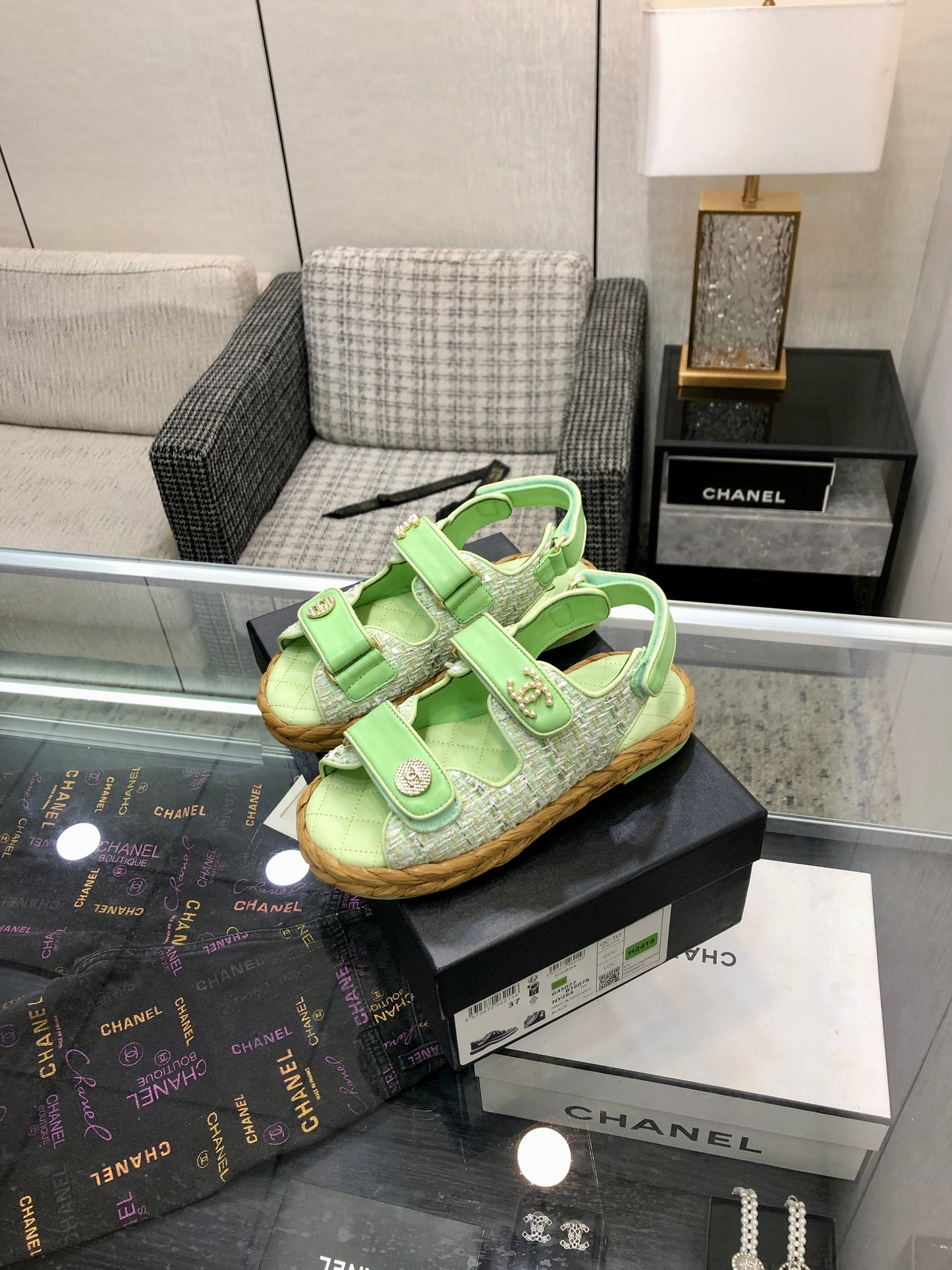 VELCRO SANDALS IN GREEN PASTEL LAMBSKIN AND TWEED FABRIC - 35