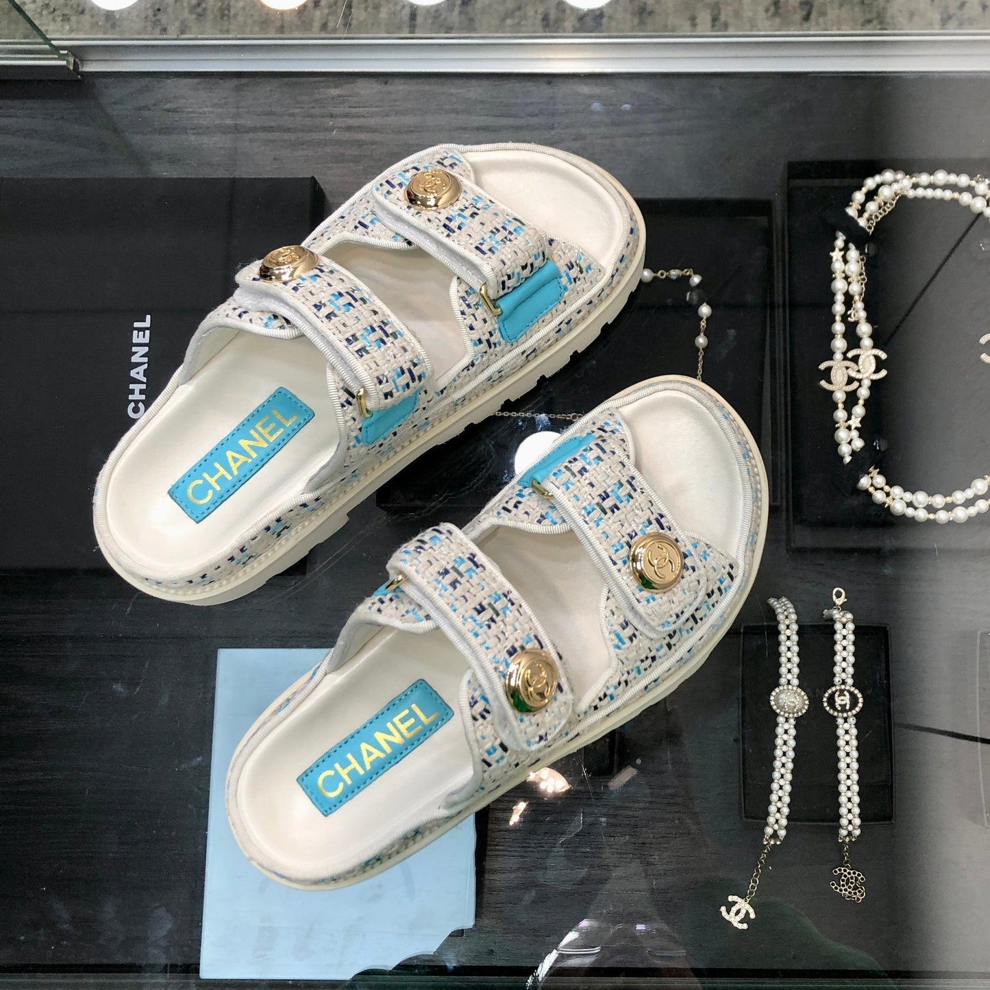 DAD SANDAL MULE IN WHITE MIX LIGHT BLUE TWEED FABRIC - 35