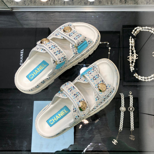 DAD SANDAL MULE IN WHITE MIX LIGHT BLUE TWEED FABRIC - 35