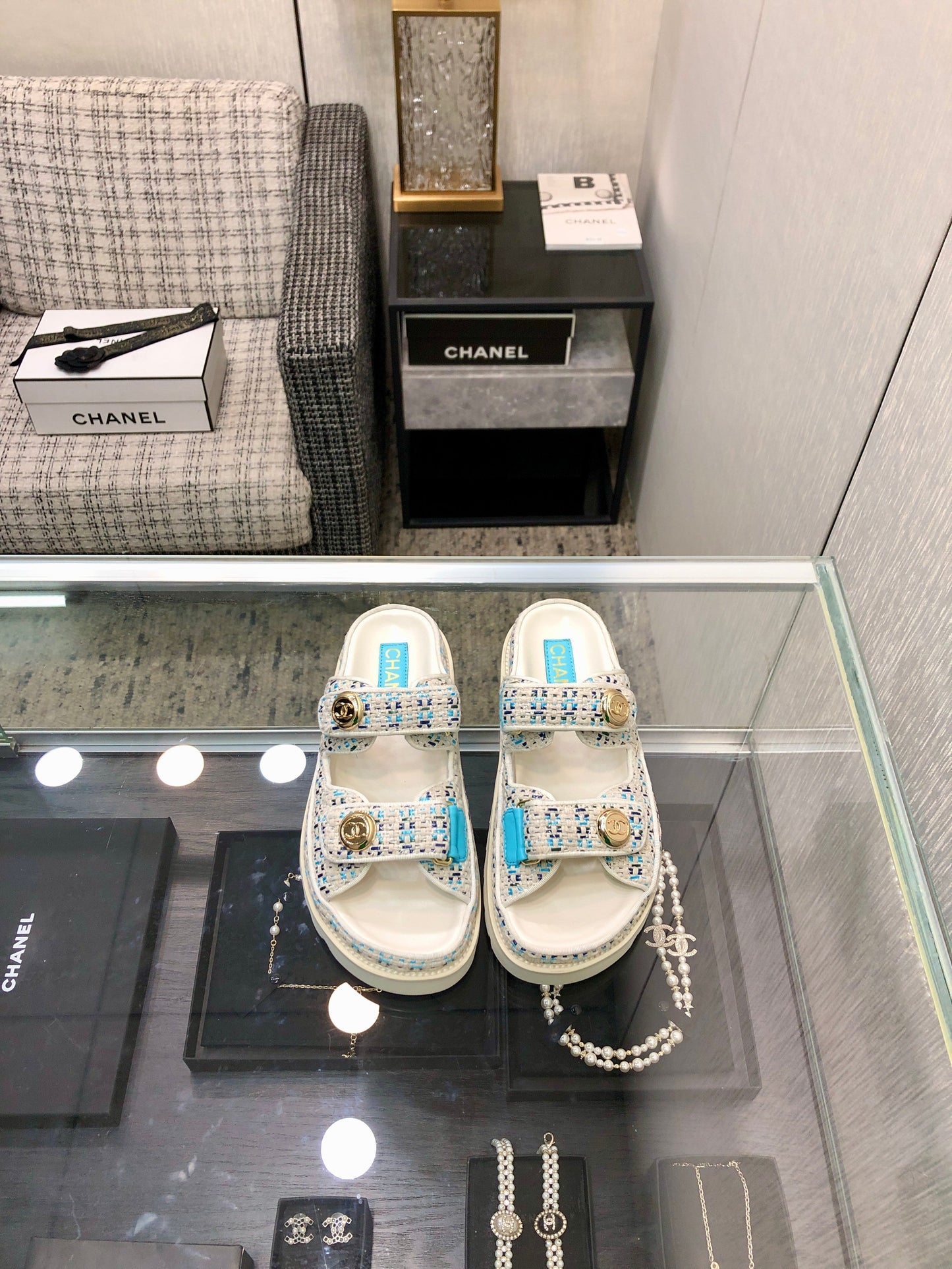 DAD SANDAL MULE IN WHITE MIX LIGHT BLUE TWEED FABRIC - 35