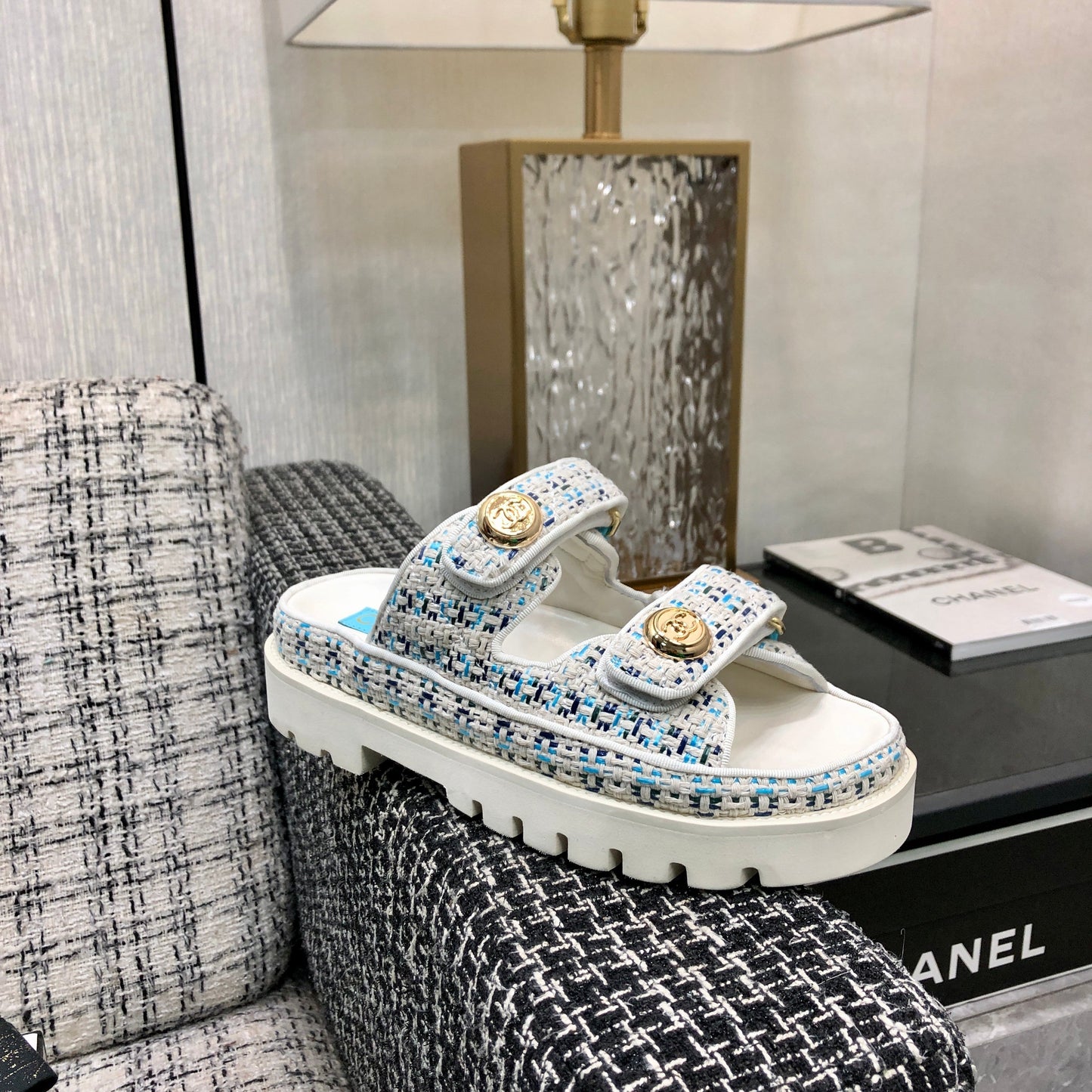 DAD SANDAL MULE IN WHITE MIX LIGHT BLUE TWEED FABRIC - 35