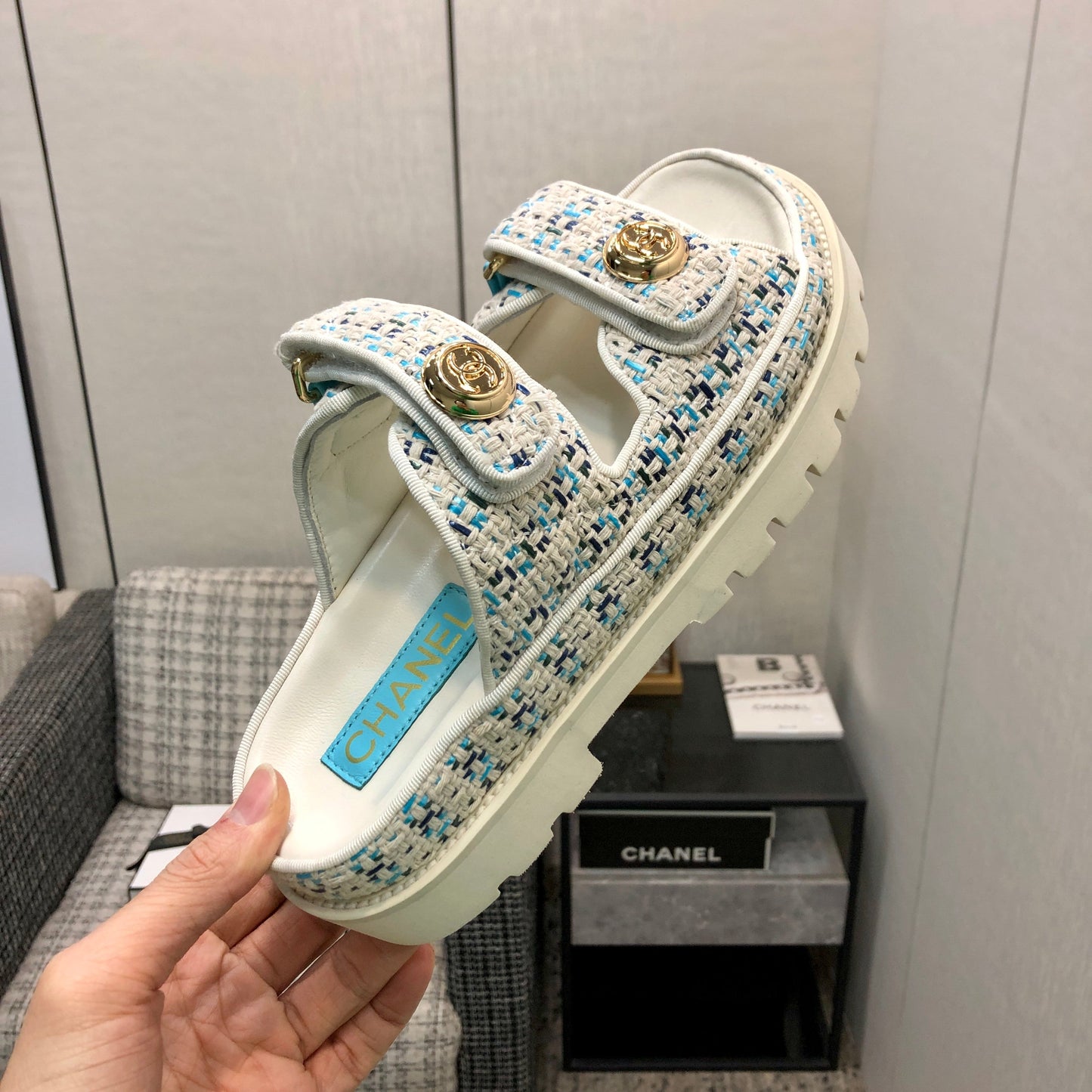 DAD SANDAL MULE IN WHITE MIX LIGHT BLUE TWEED FABRIC - 35