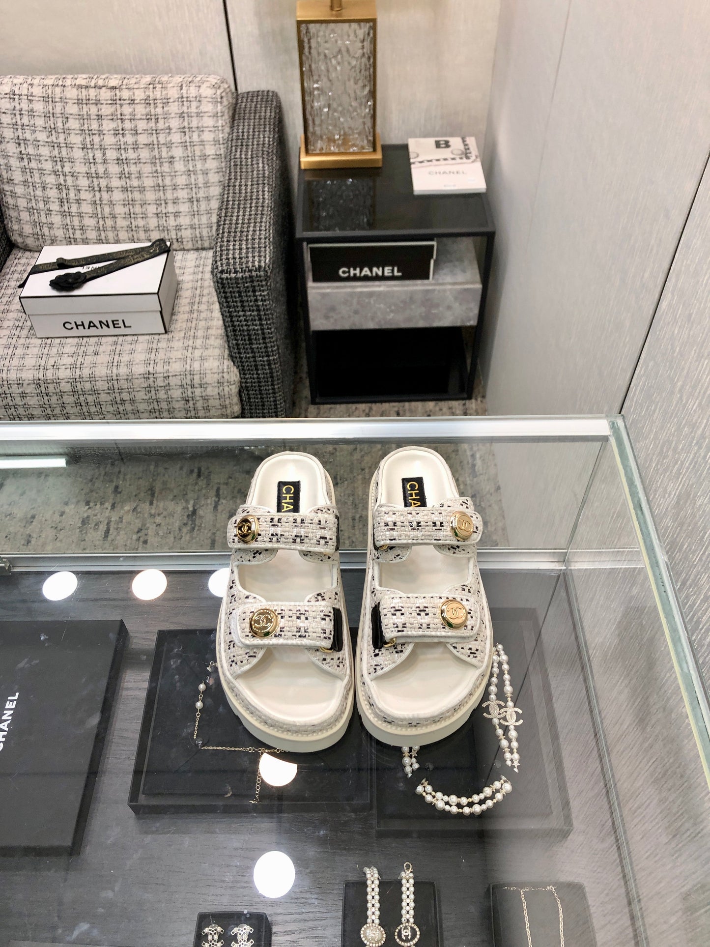 DAD SANDAL MULE IN WHITE MIX BLACK TWEED FABRIC - 35