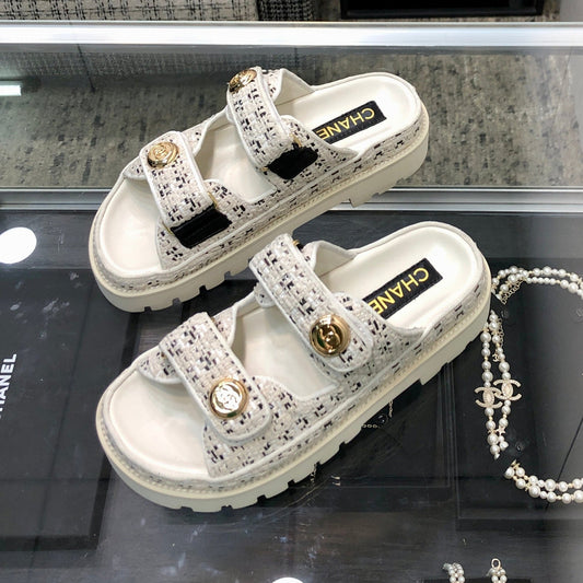 DAD SANDAL MULE IN WHITE MIX BLACK TWEED FABRIC - 35