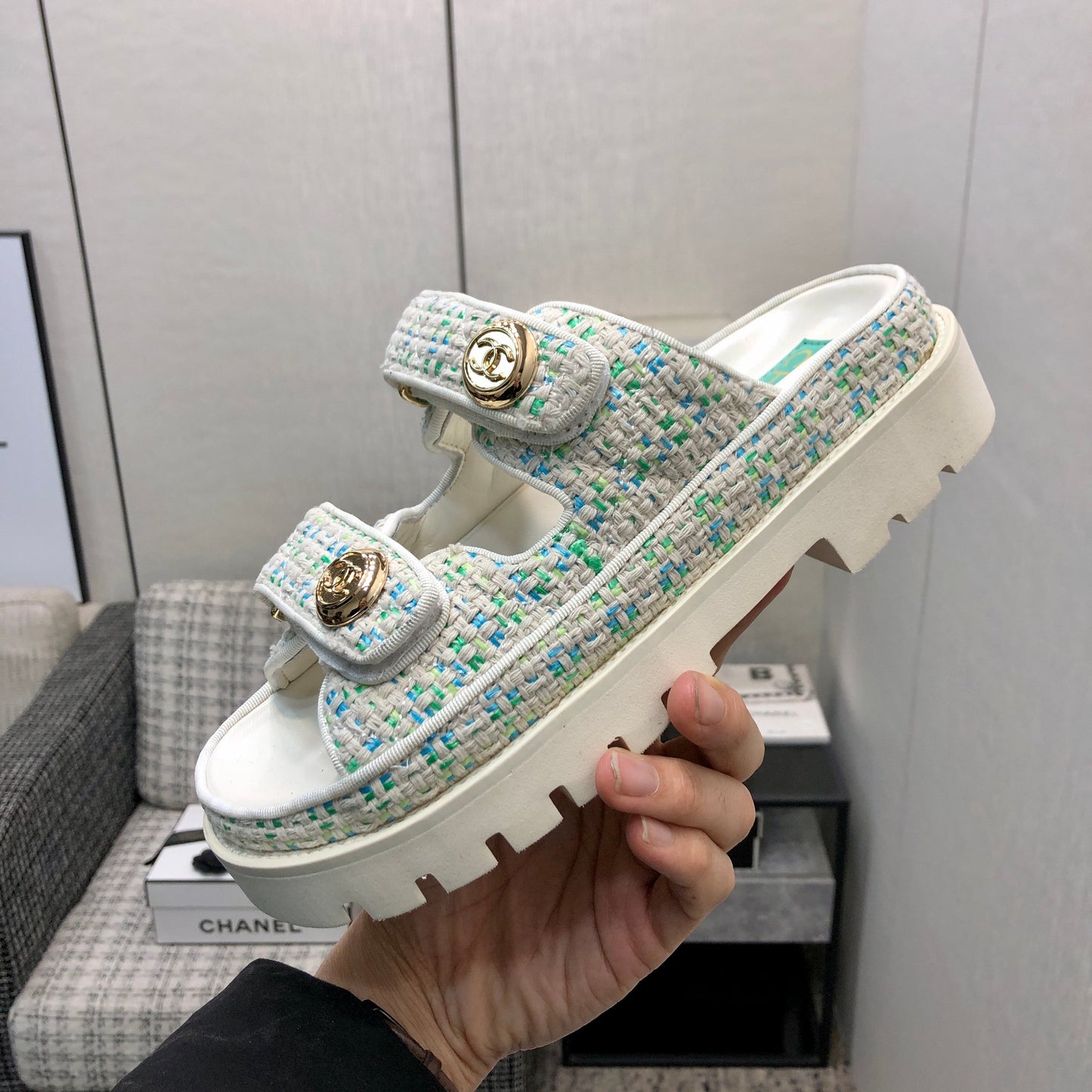 DAD SANDAL MULE IN WHITE MIX PERSIAN GREEN TWEED FABRIC - 35