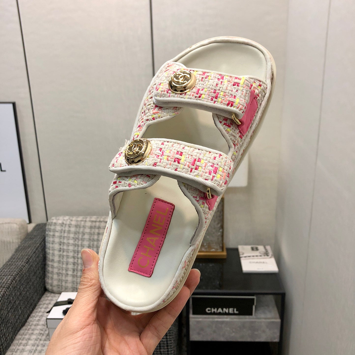 DAD SANDAL MULE IN WHITE MIX BRIGHT PINK TWEED FABRIC - 35