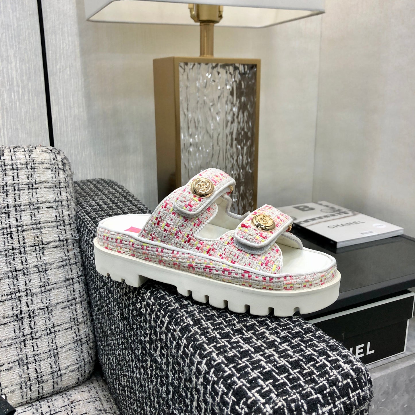 DAD SANDAL MULE IN WHITE MIX BRIGHT PINK TWEED FABRIC - 35