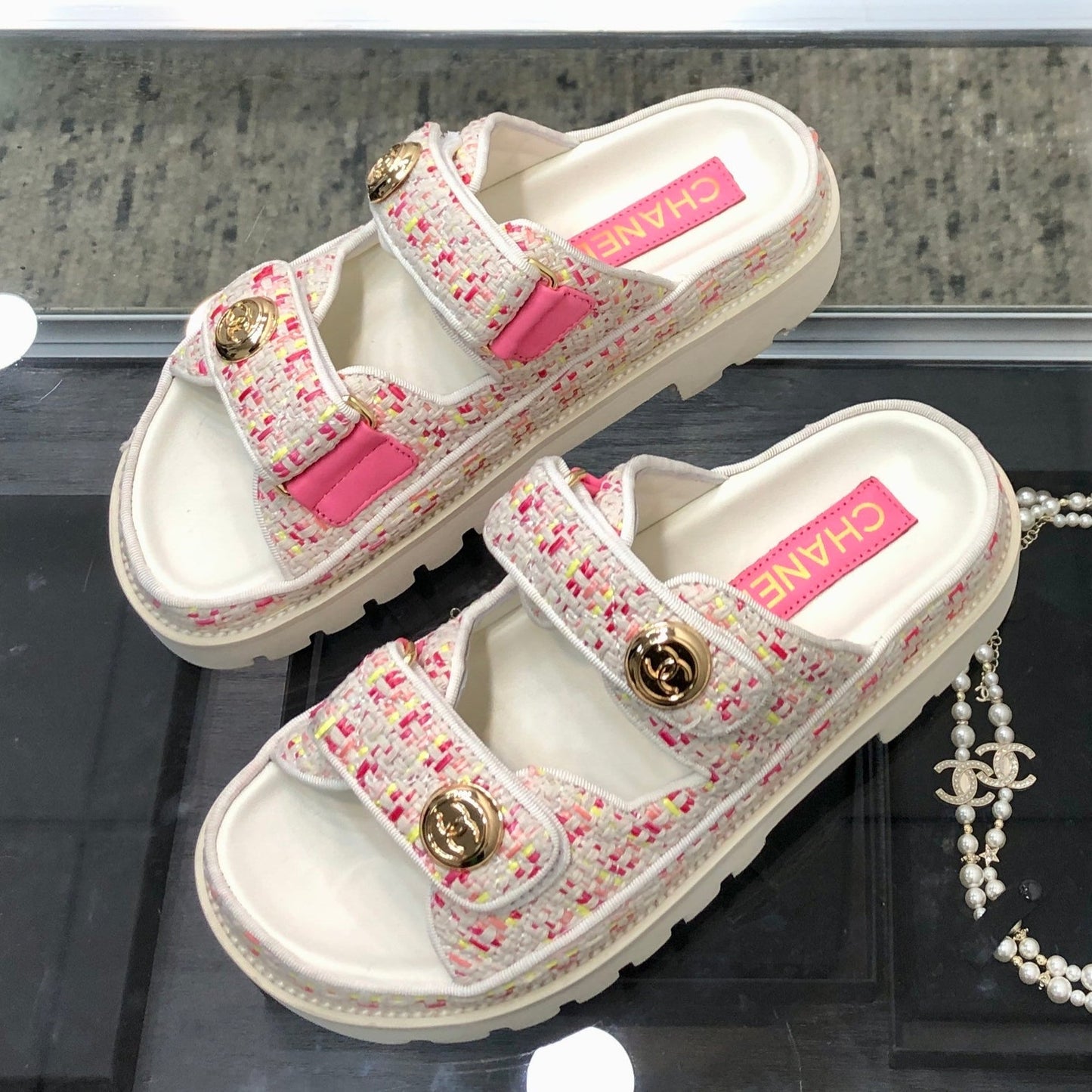 DAD SANDAL MULE IN WHITE MIX BRIGHT PINK TWEED FABRIC - 35