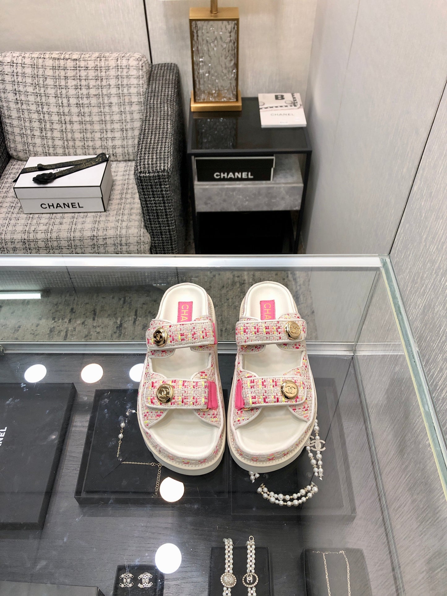DAD SANDAL MULE IN WHITE MIX BRIGHT PINK TWEED FABRIC - 35
