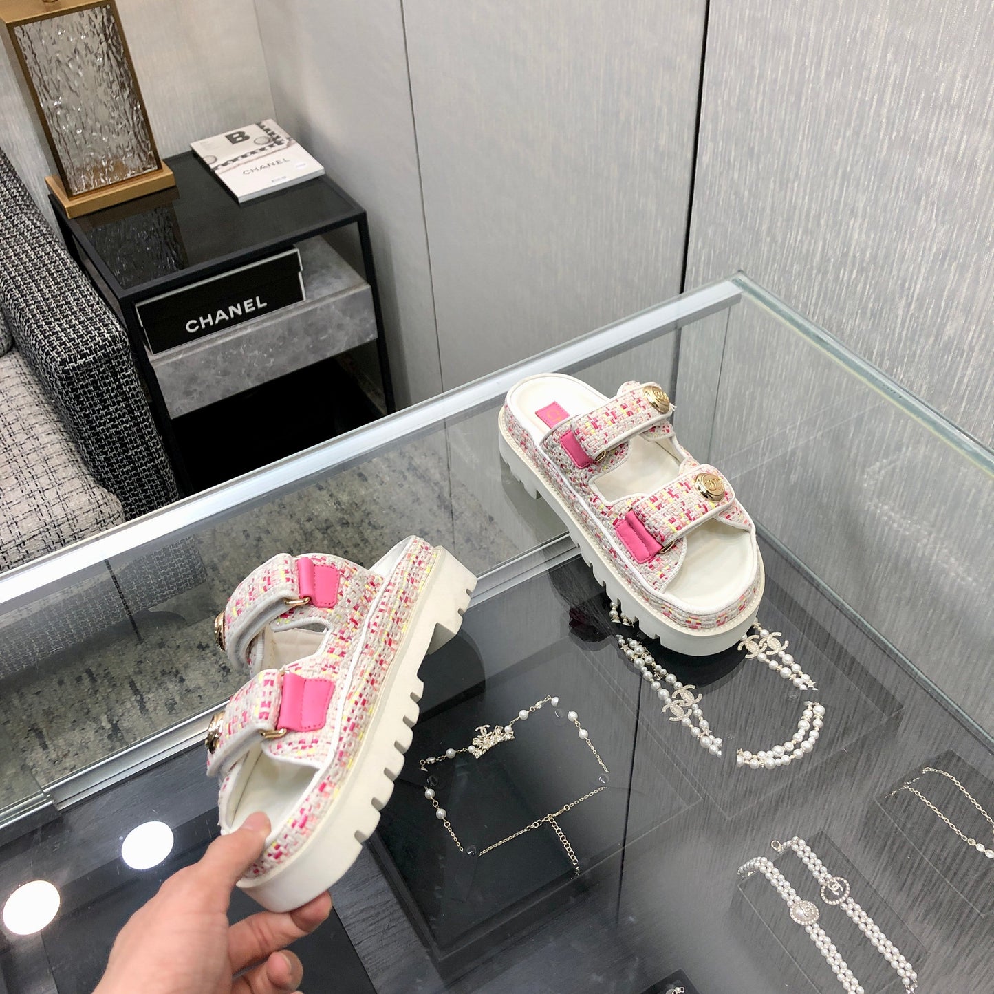 DAD SANDAL MULE IN WHITE MIX BRIGHT PINK TWEED FABRIC - 35