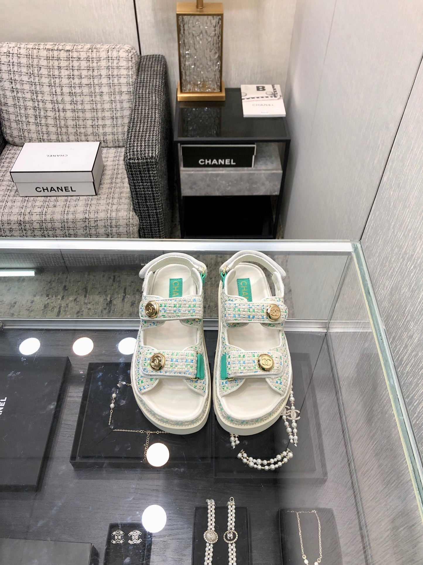 DAD SANDAL IN WHITE MIX PERSIAN GREEN TWEED FABRIC - 35