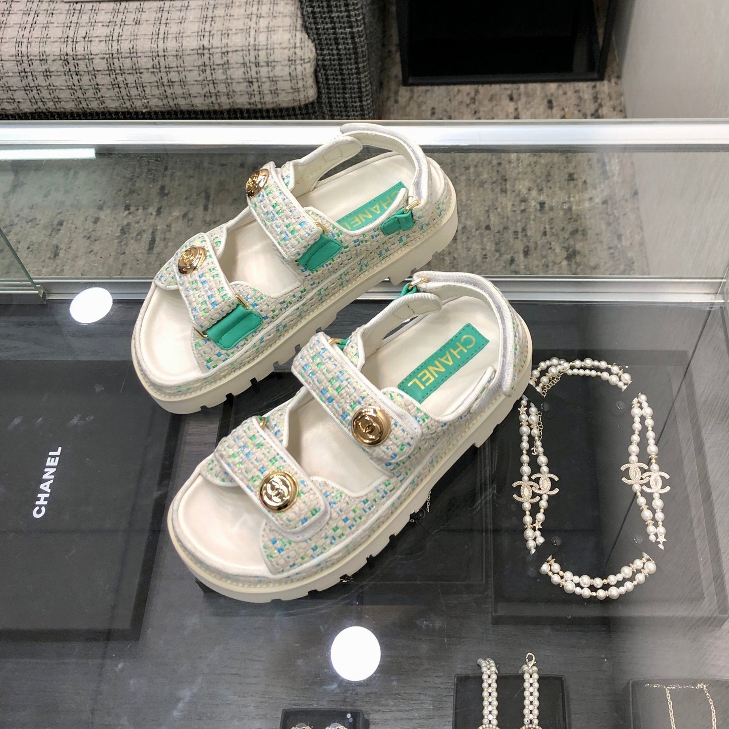DAD SANDAL IN WHITE MIX PERSIAN GREEN TWEED FABRIC - 35